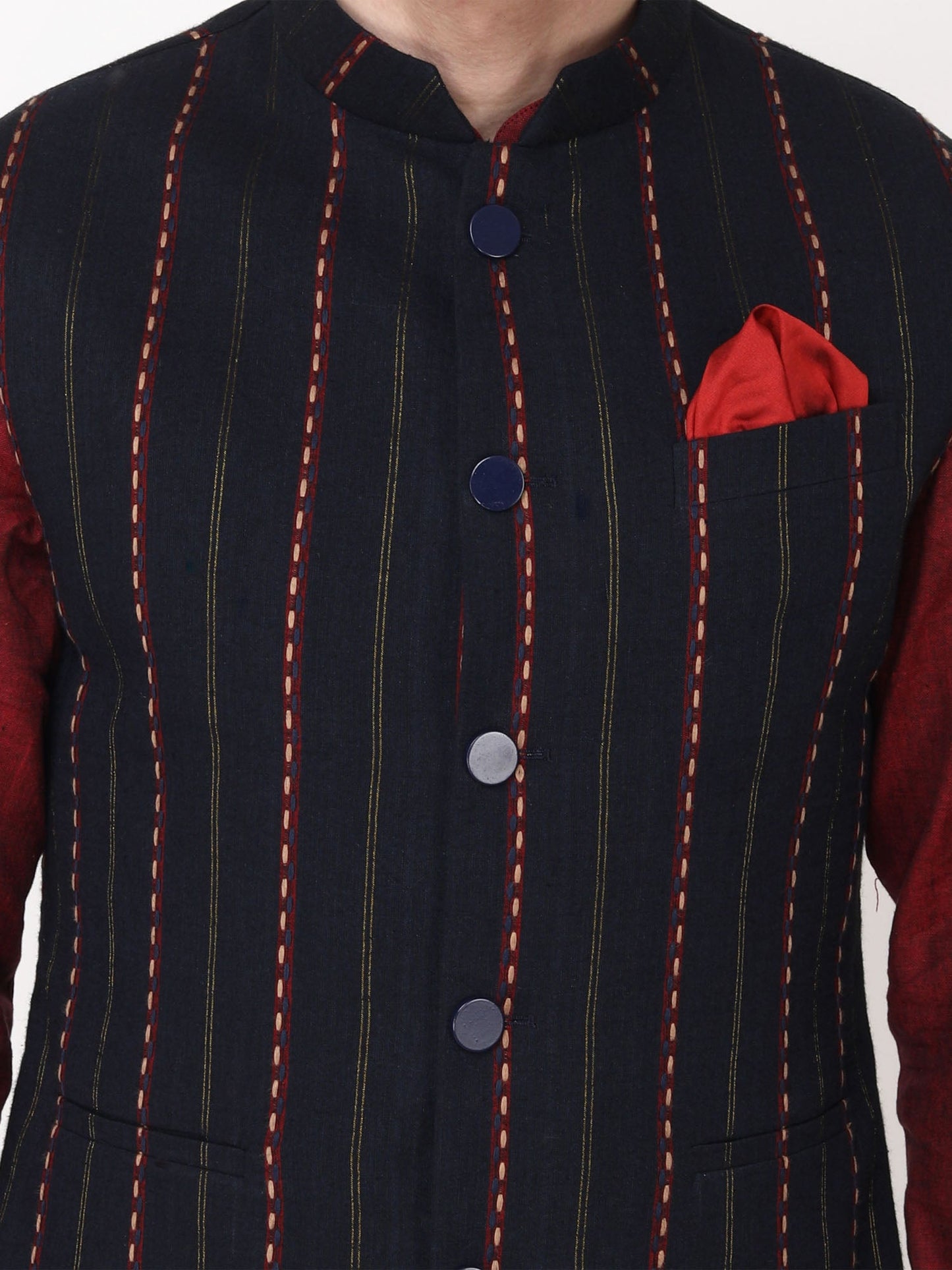 Navy Blue Handloom Nehru Jacket with Kurta Trouser-Plus