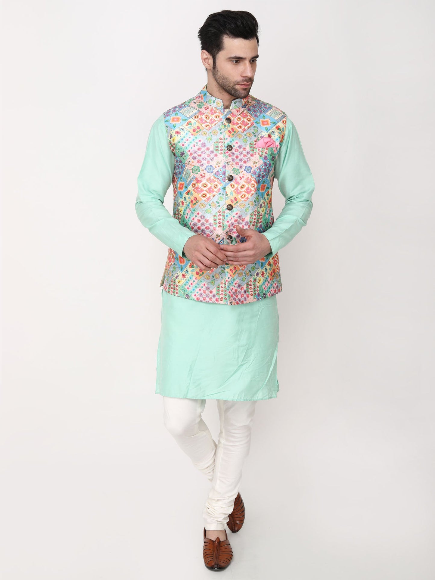 Multi color Jacket with Green & Ivory Kurta Churidaar-Plus