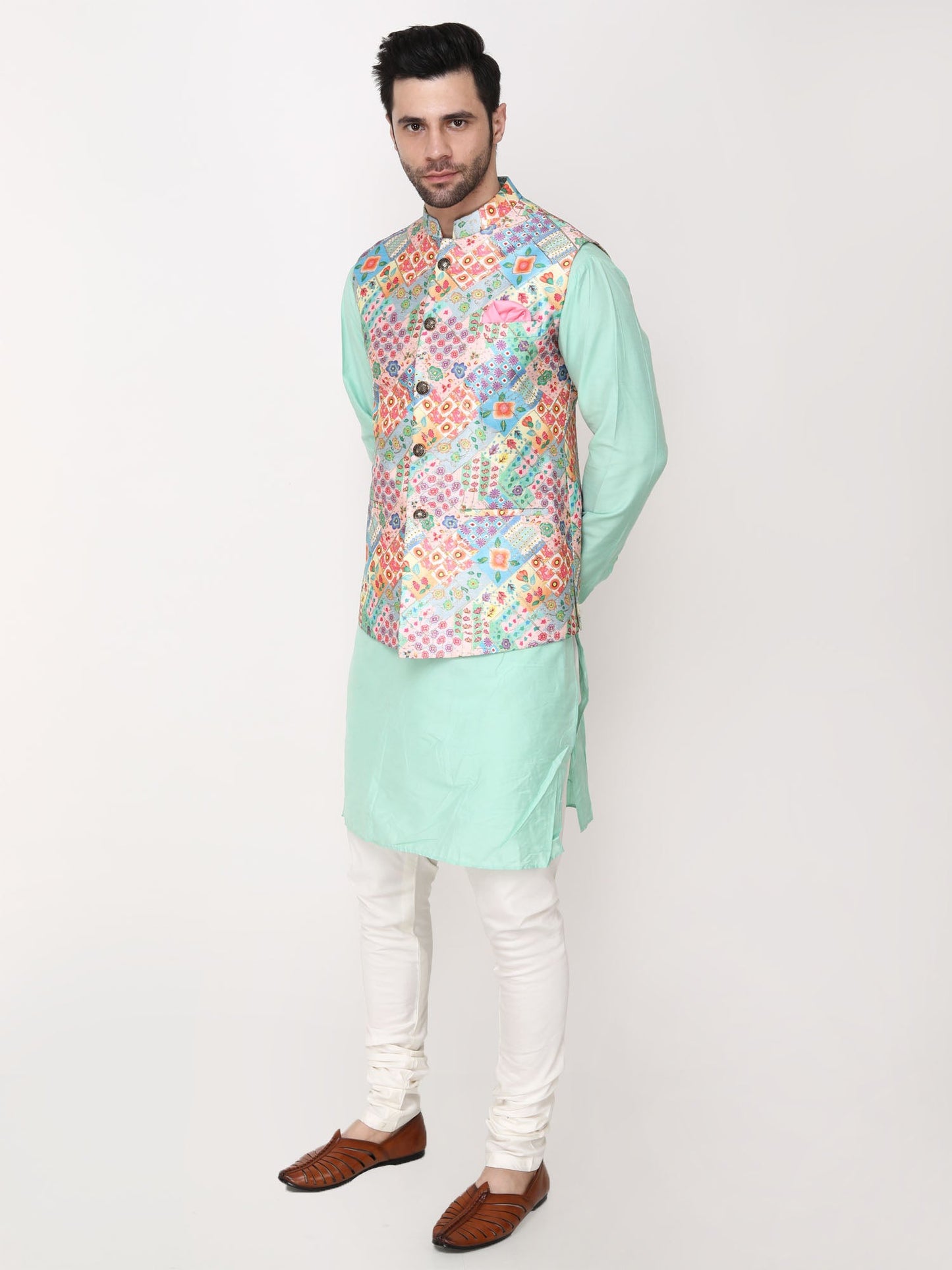 Multi color Jacket with Green & Ivory Kurta Churidaar-Plus