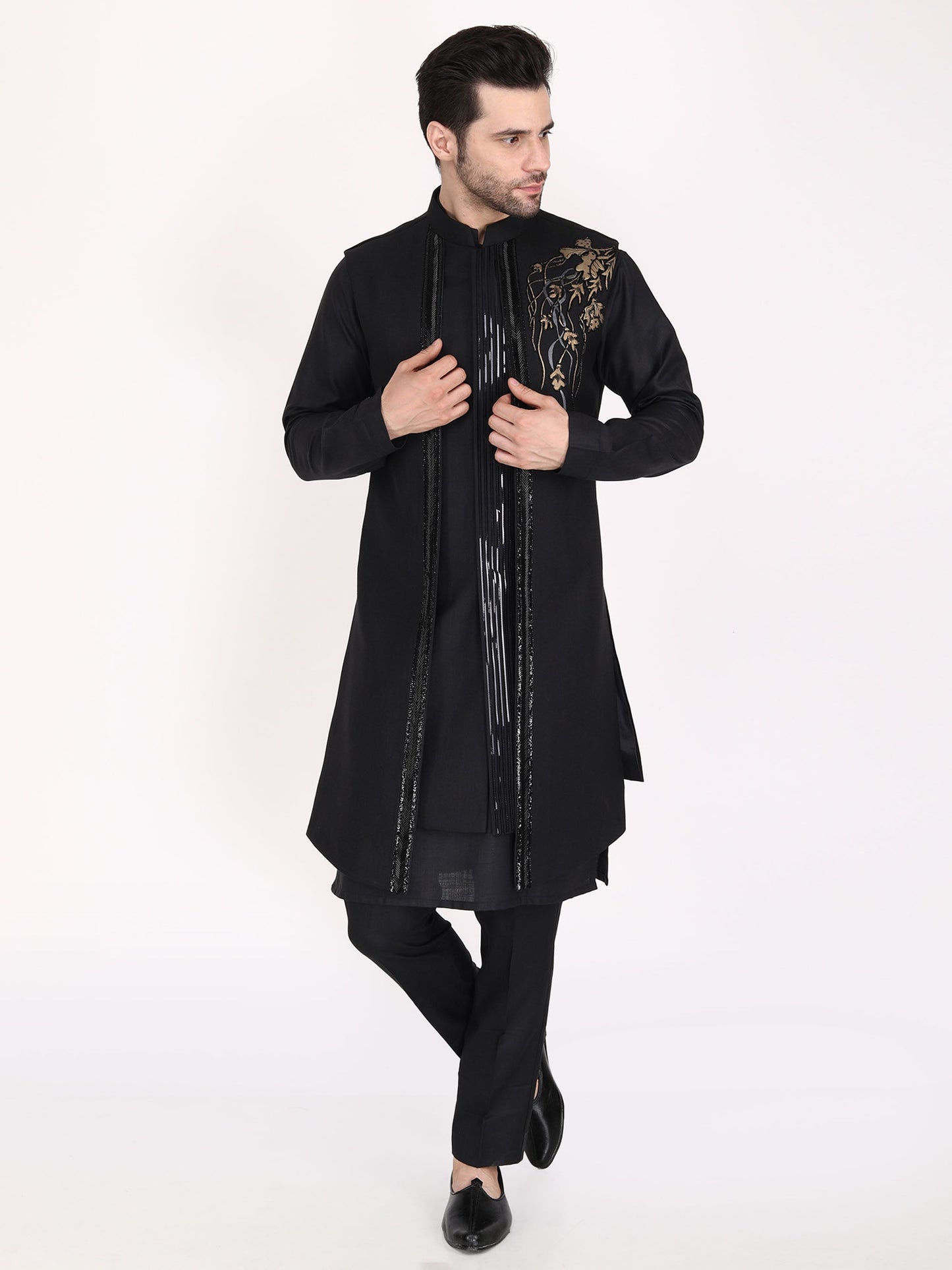 Black Ruby Silk Acrylic Bundi Jacket with Kurta Pants- Plus