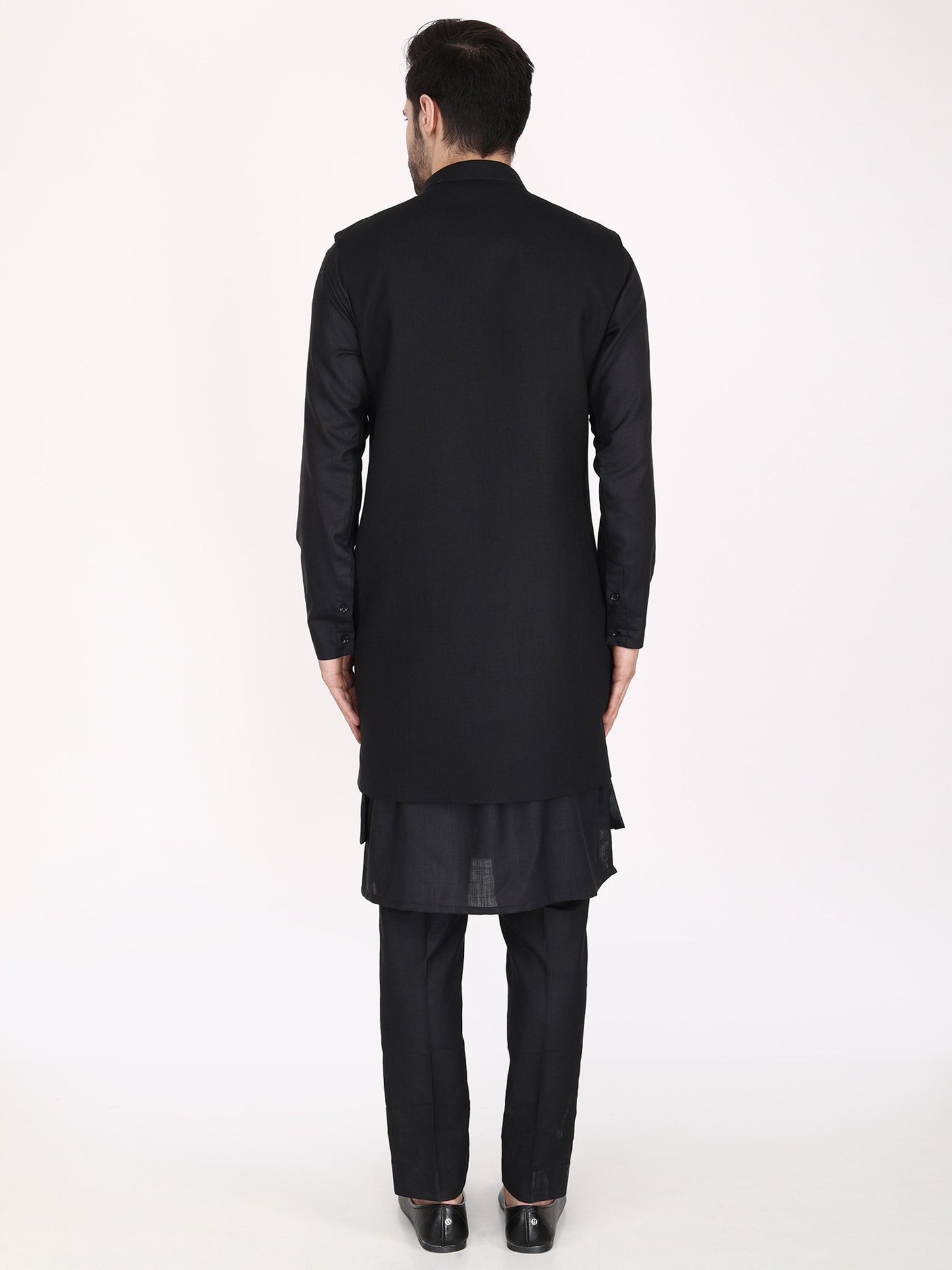 Black Ruby Silk Acrylic Bundi Jacket with Kurta Pants- Plus