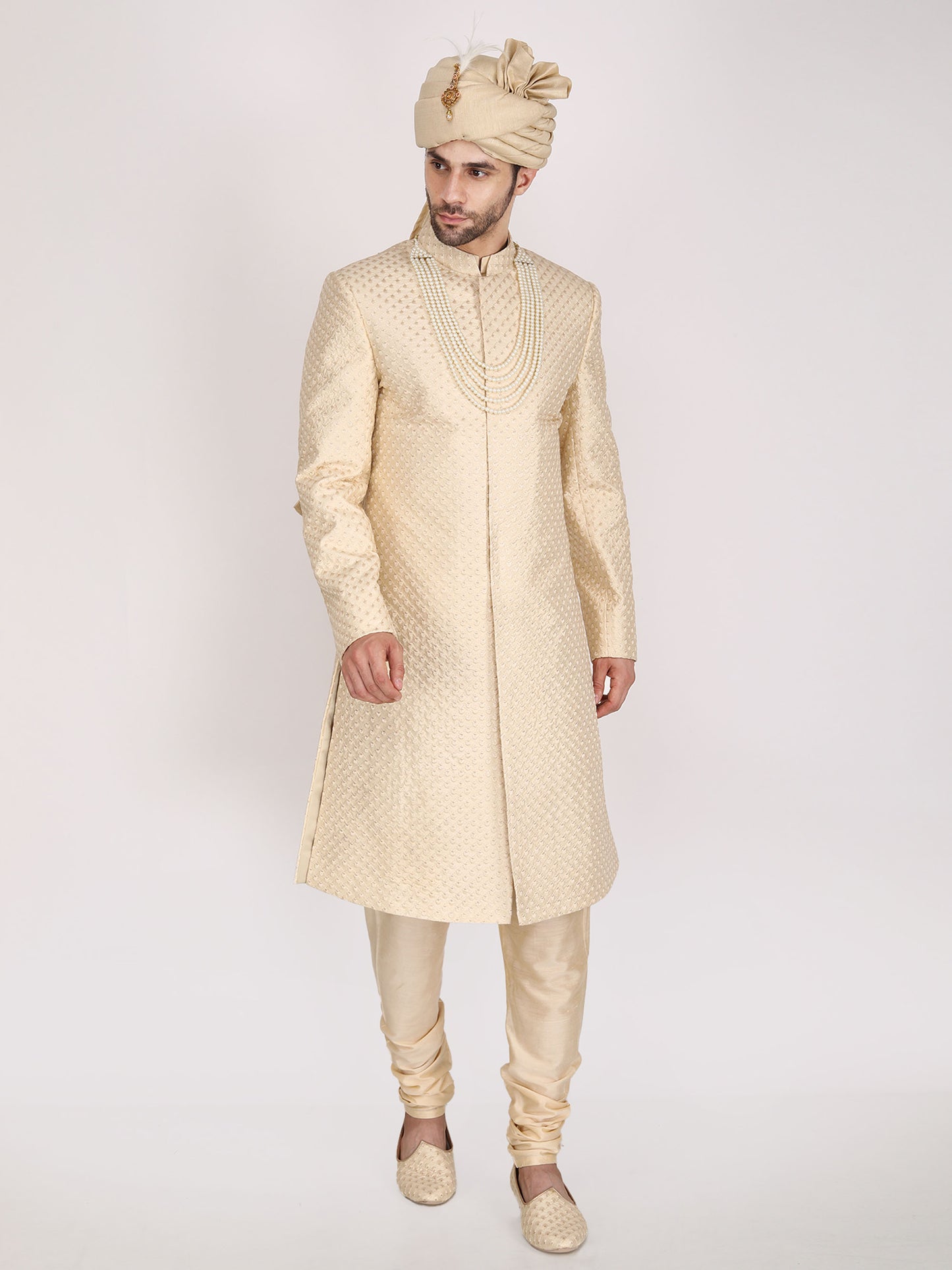 Gold Colored Art Silk hand embroidered Sherwani Set