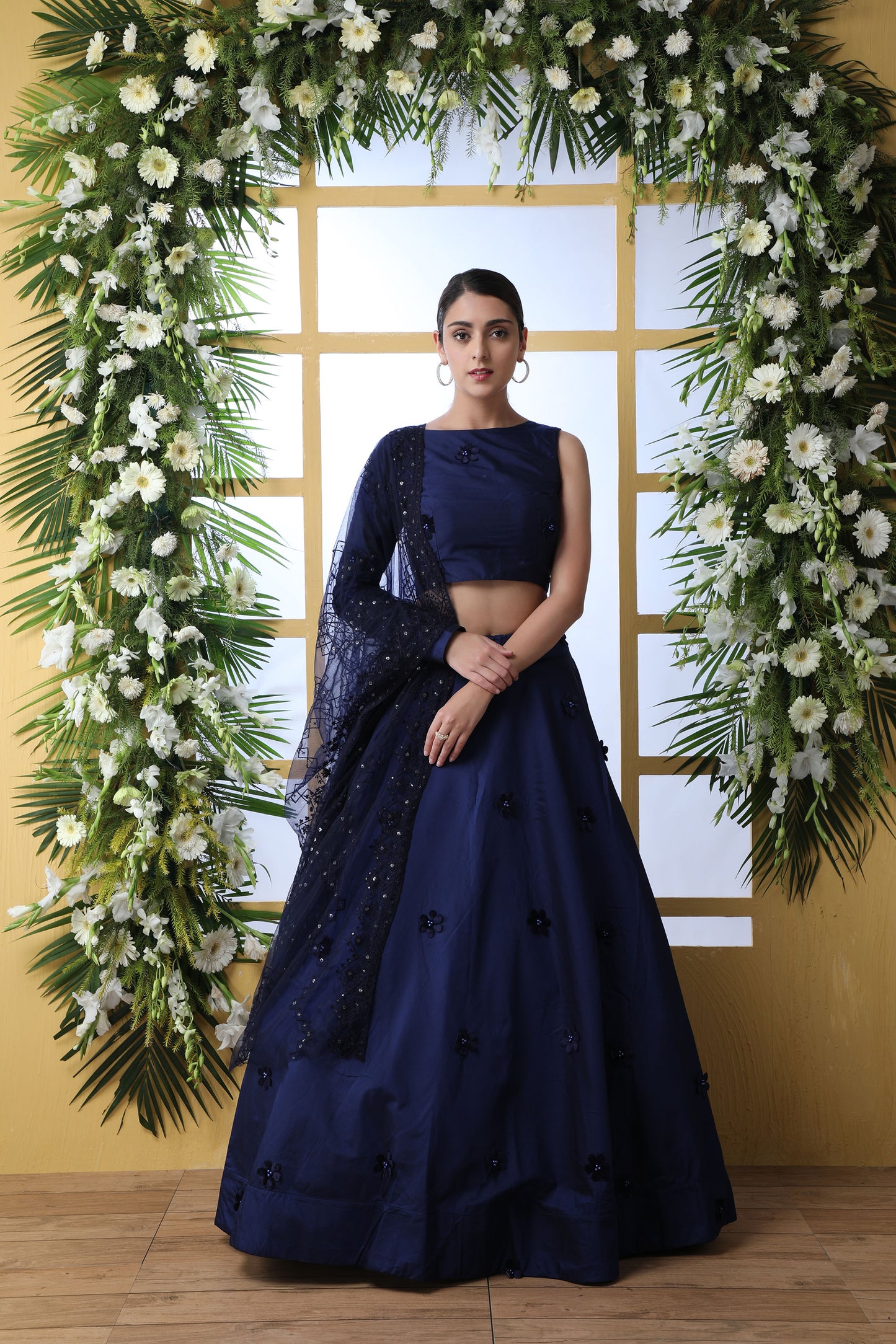 Navy Blue Color Taffeta Silk Lehenga with Pearl Stone Work