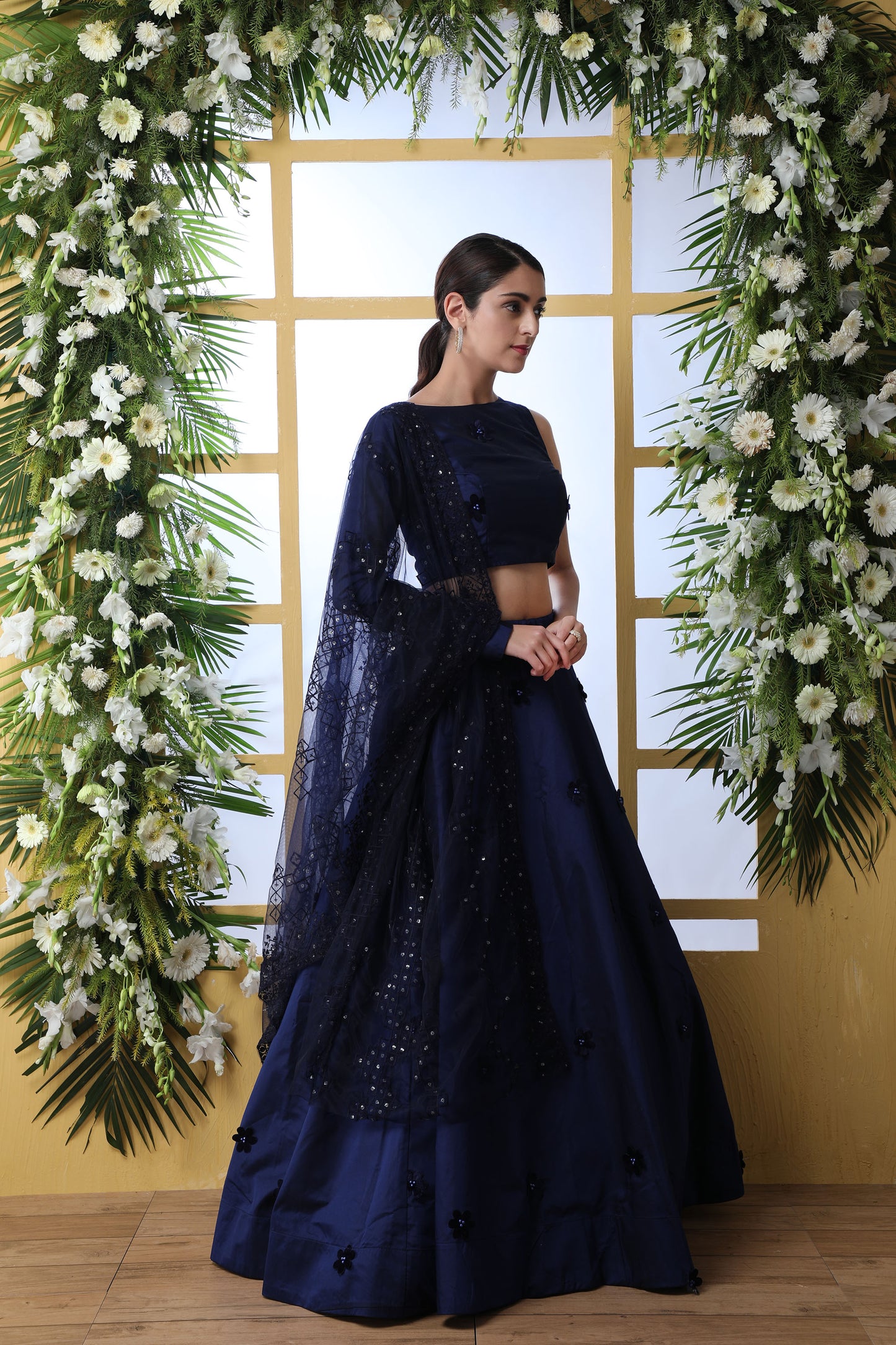 Navy Blue Color Taffeta Silk Lehenga with Pearl Stone Work