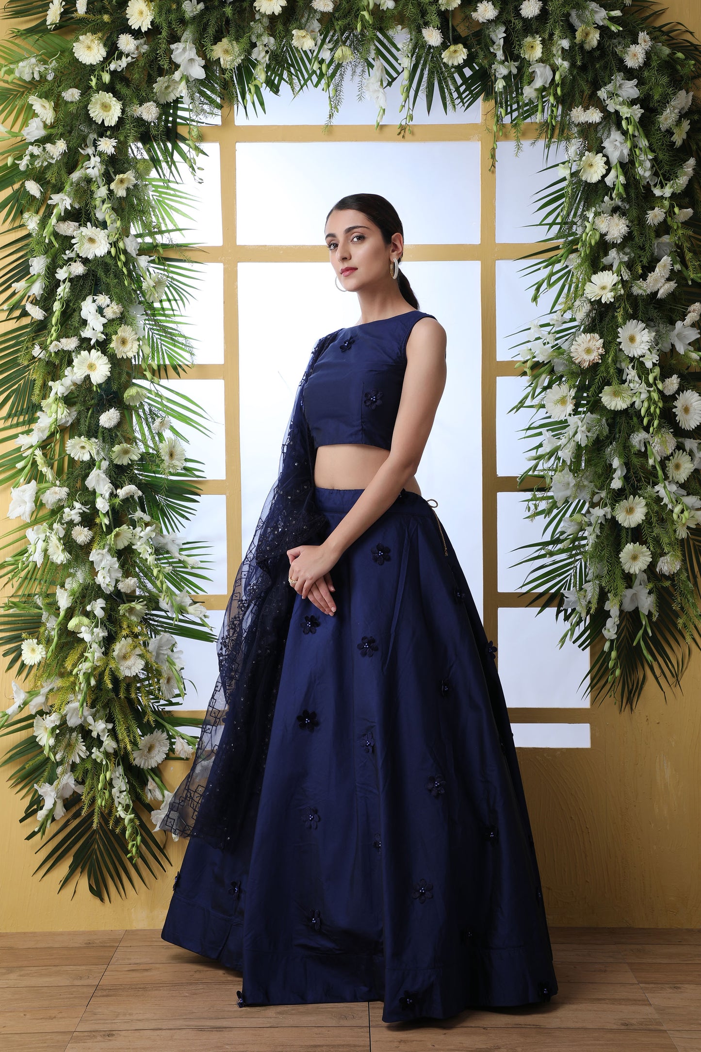 Navy Blue Color Taffeta Silk Lehenga with Pearl Stone Work