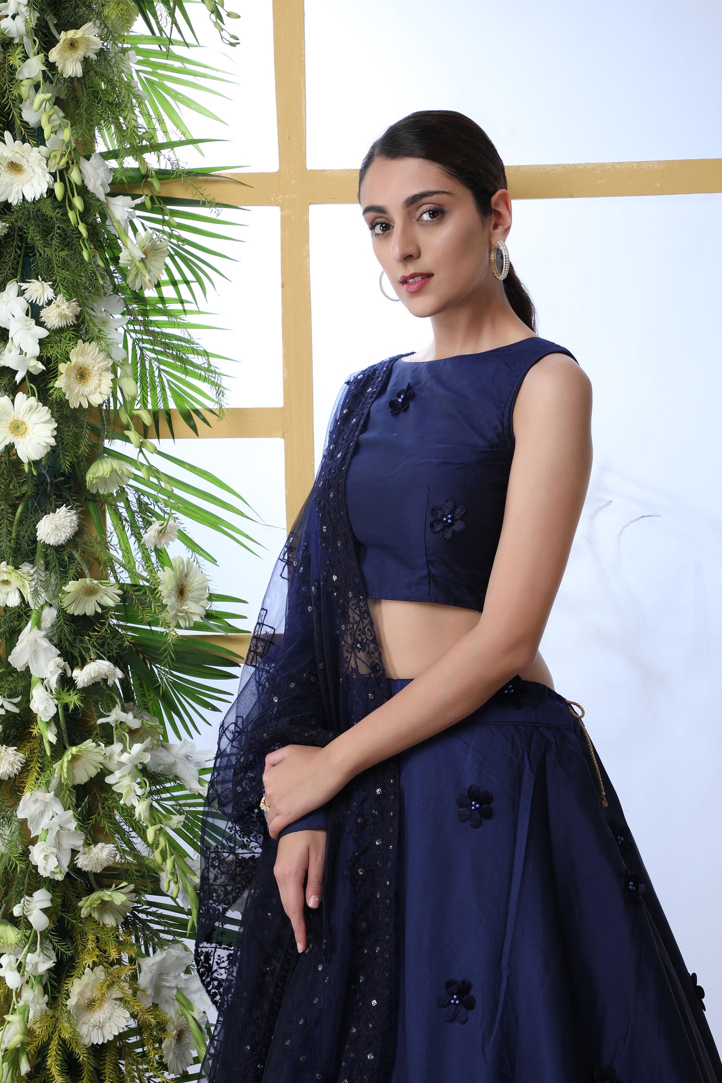 Navy Blue Color Taffeta Silk Lehenga with Pearl Stone Work