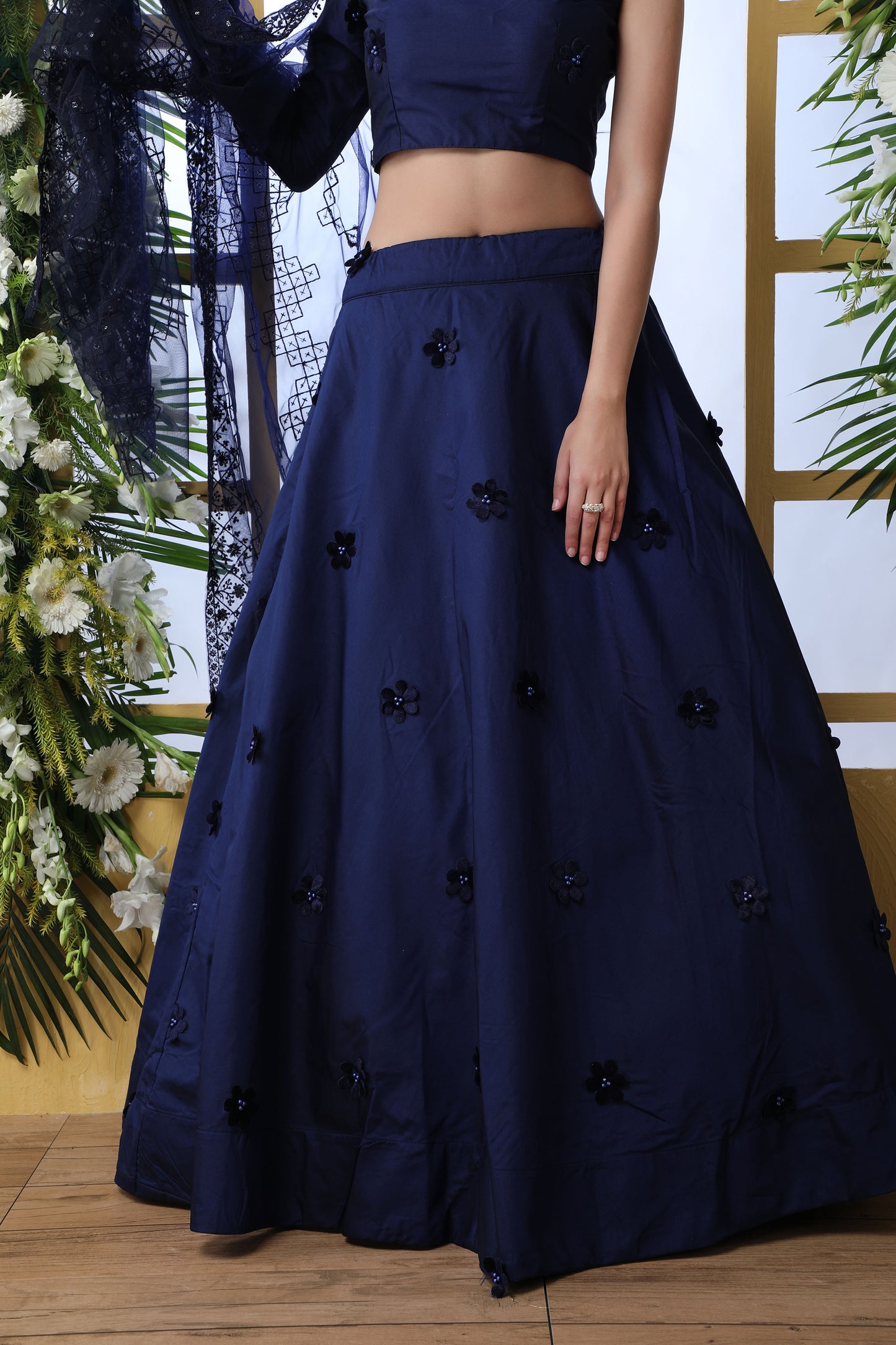 Navy Blue Color Taffeta Silk Lehenga with Pearl Stone Work