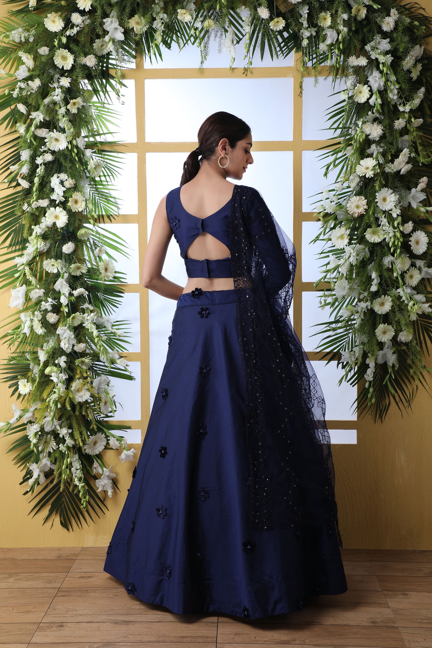 Navy Blue Color Taffeta Silk Lehenga with Pearl Stone Work