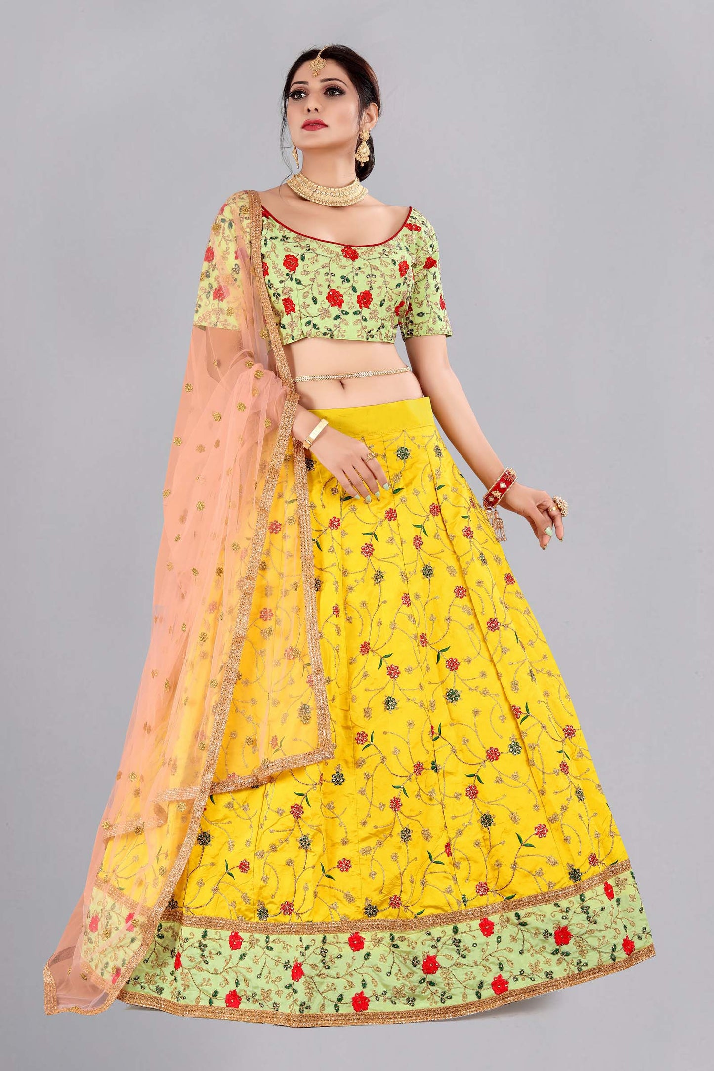 Yellow Color Embroidered Taffeta Silk Lehenga