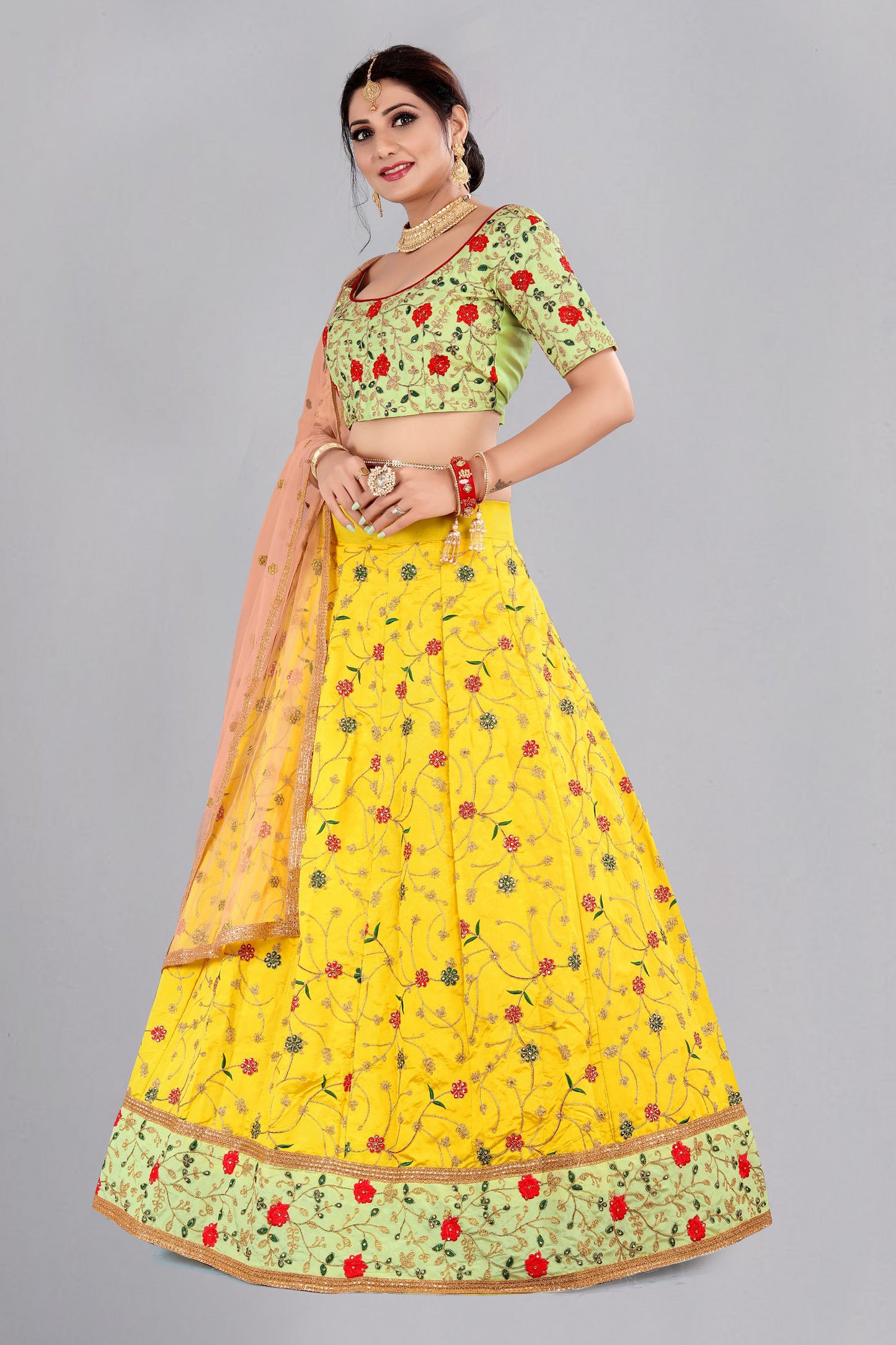 Yellow Color Embroidered Taffeta Silk Lehenga