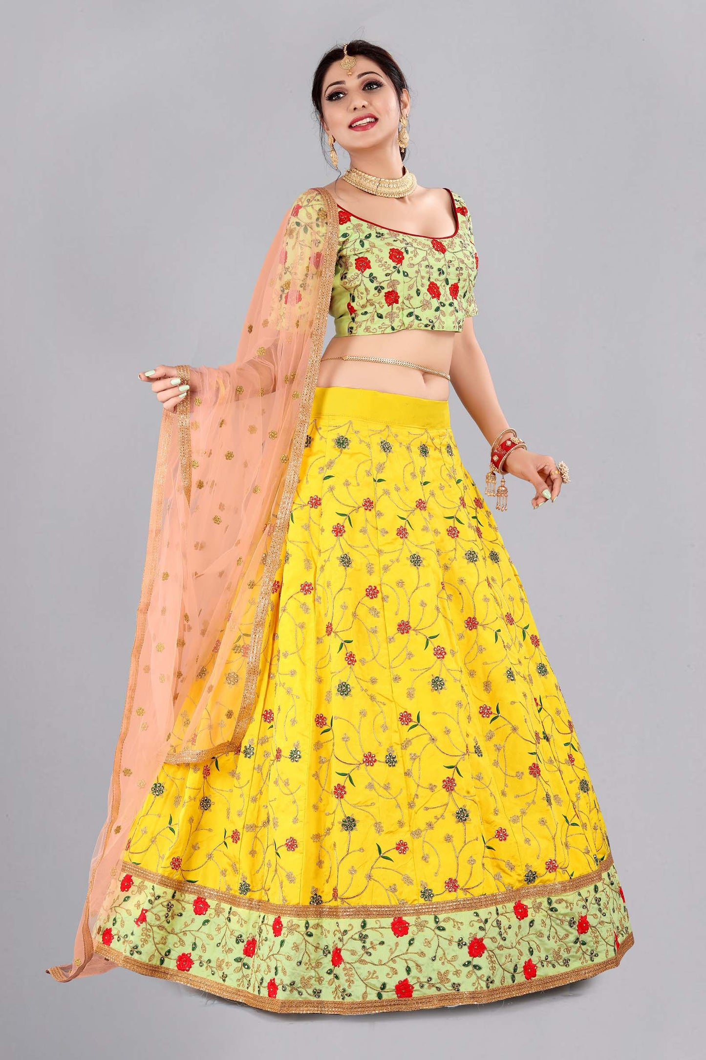 Yellow Color Embroidered Taffeta Silk Lehenga