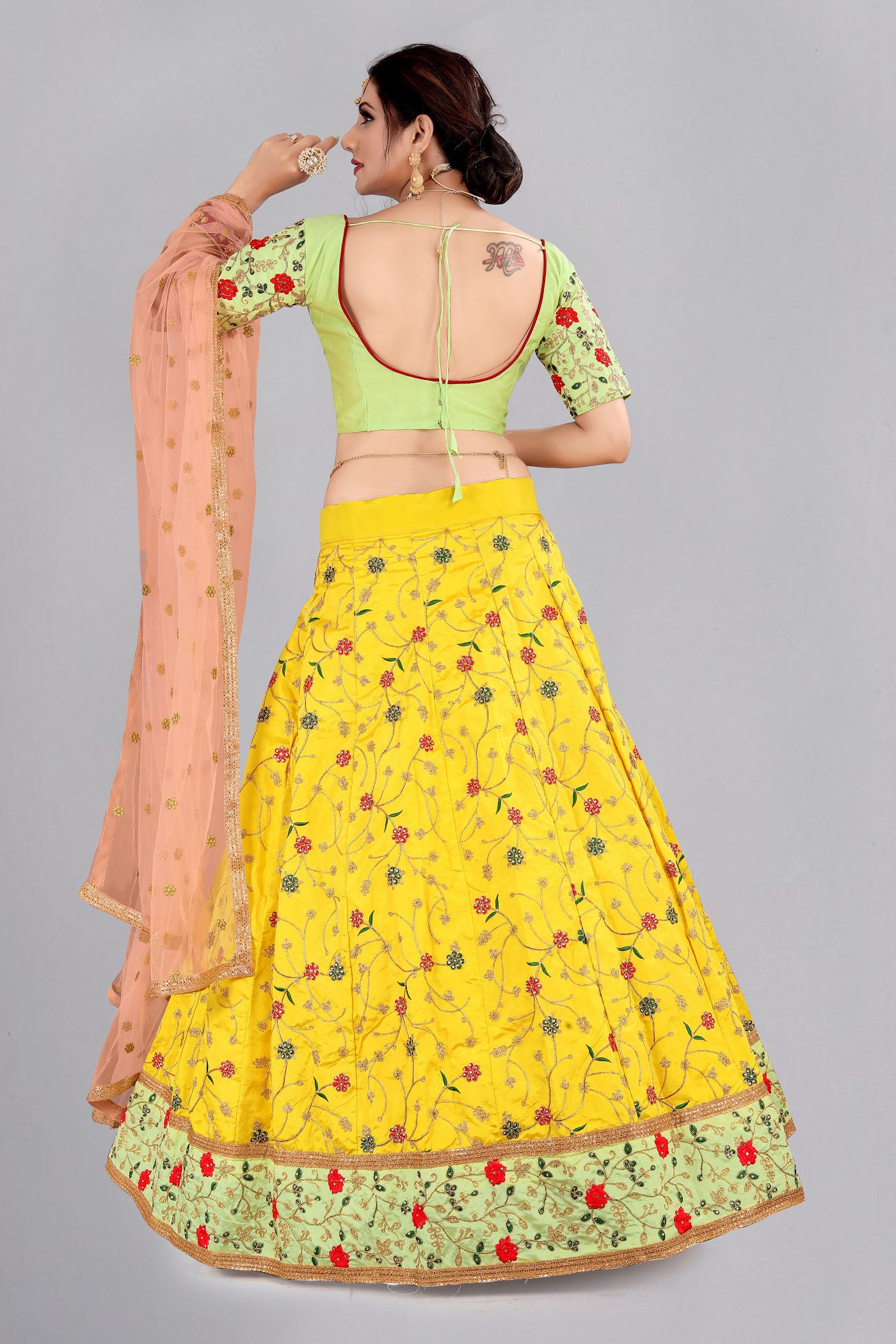 Yellow Color Embroidered Taffeta Silk Lehenga