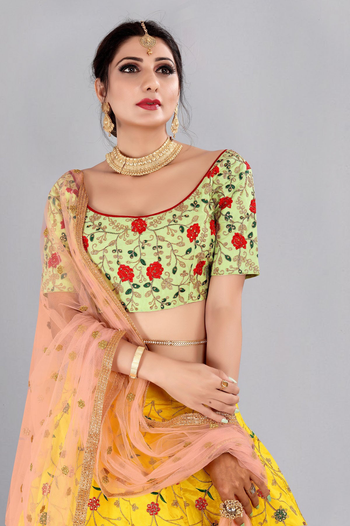 Yellow Color Embroidered Taffeta Silk Lehenga