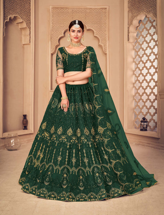 Dark Green Color Embroidered Net Lehenga