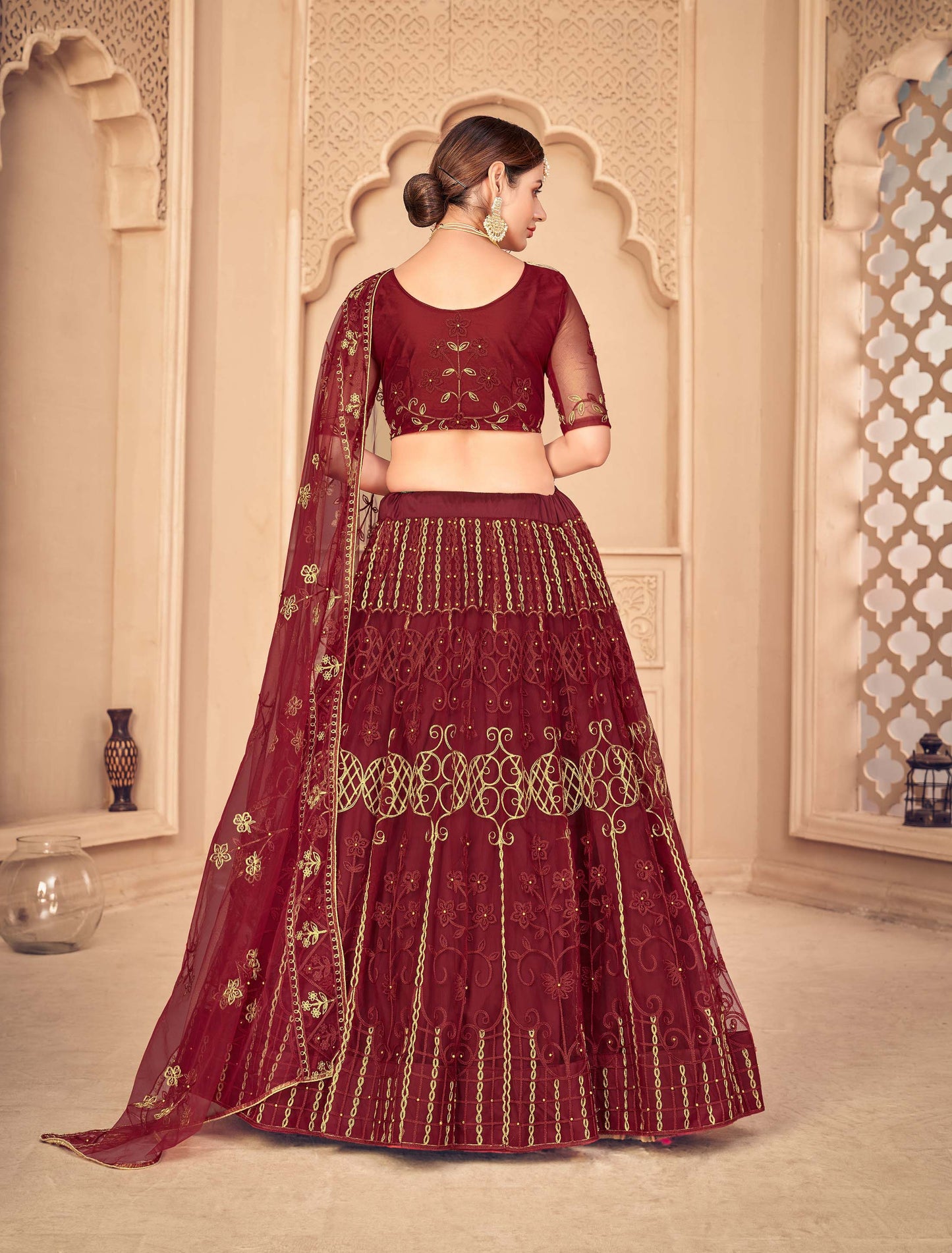 Maroon Color Embroidered Net Lehenga