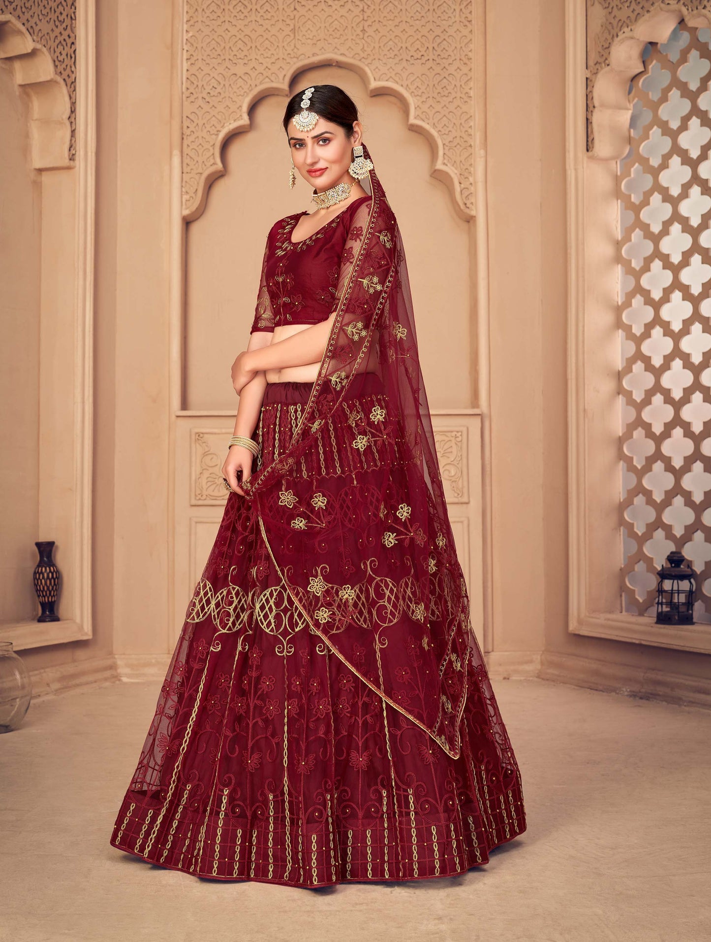 Maroon Color Embroidered Net Lehenga