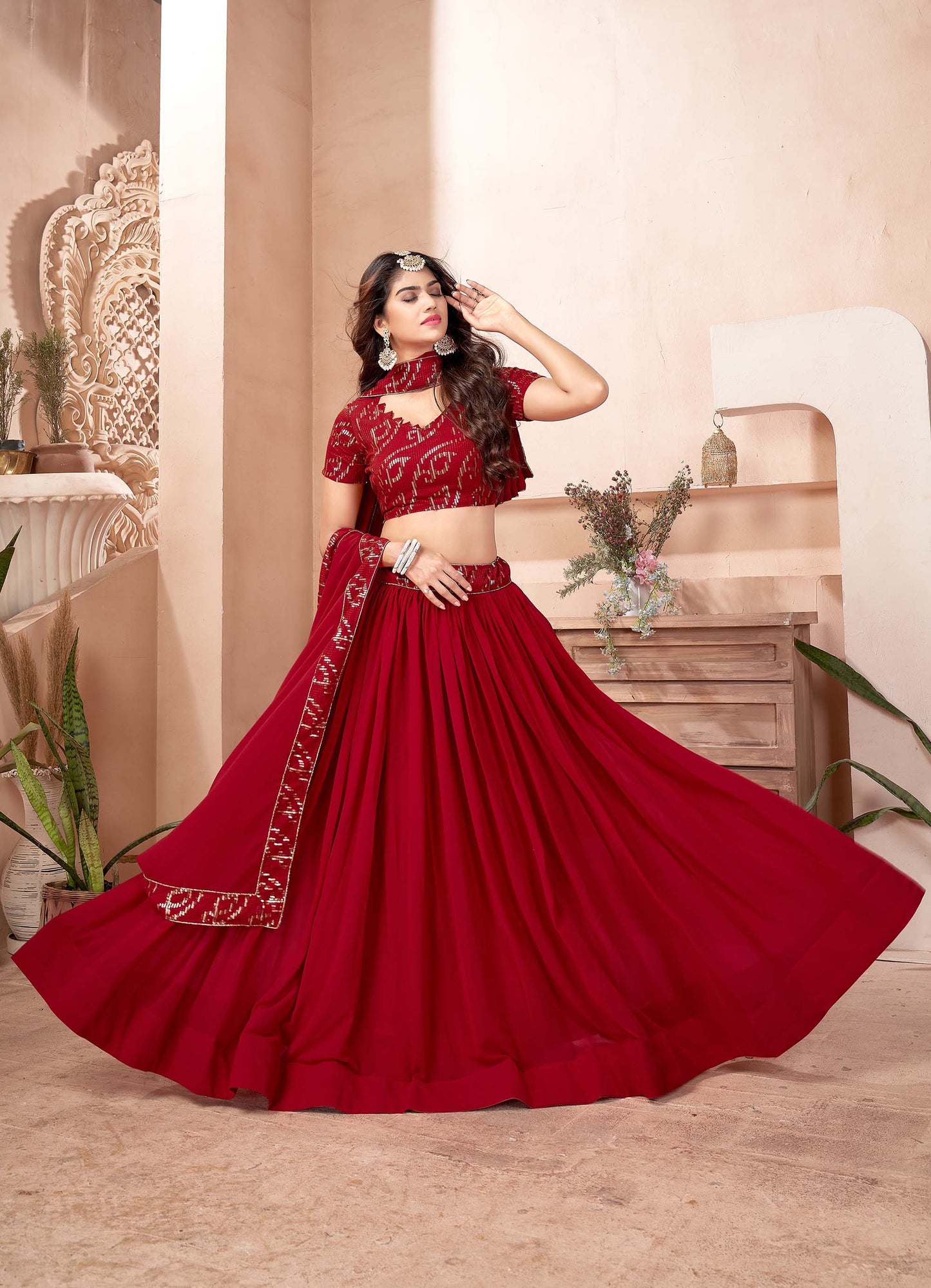 Dark Red Color Georgette Sequins Lehenga for Wedding Guest AH1304