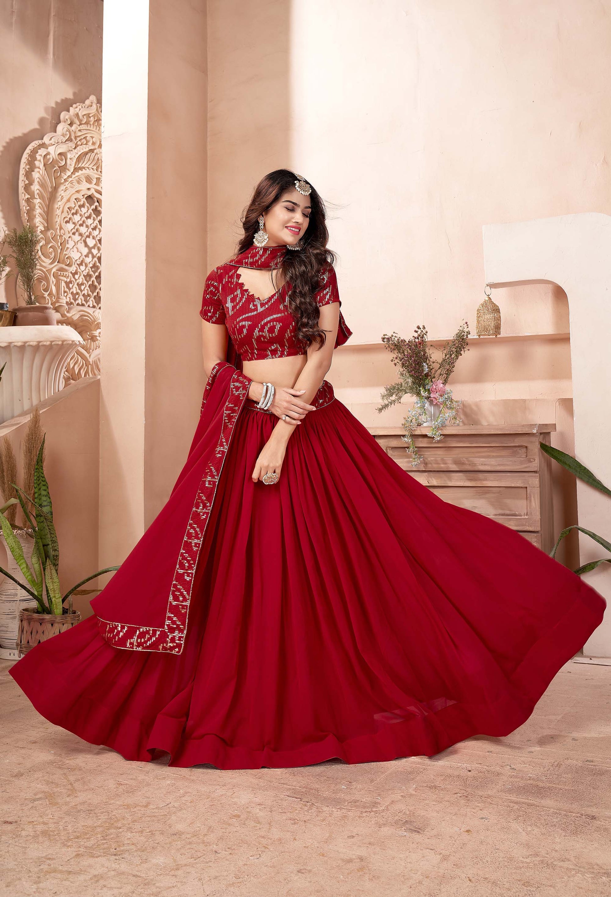 Dark Red Color Georgette Sequins Lehenga for Wedding Guest AH1304