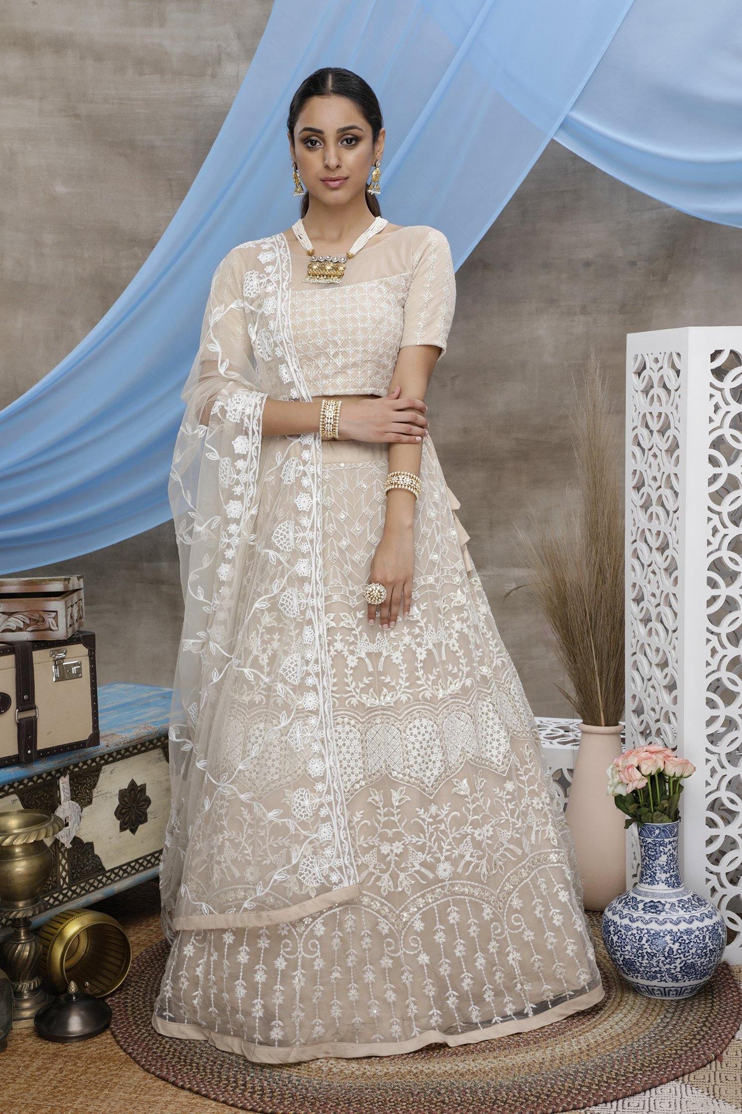    Beige Net Bridal Lehenga Choli  with Sequince Embroidered Work - Glamou  al