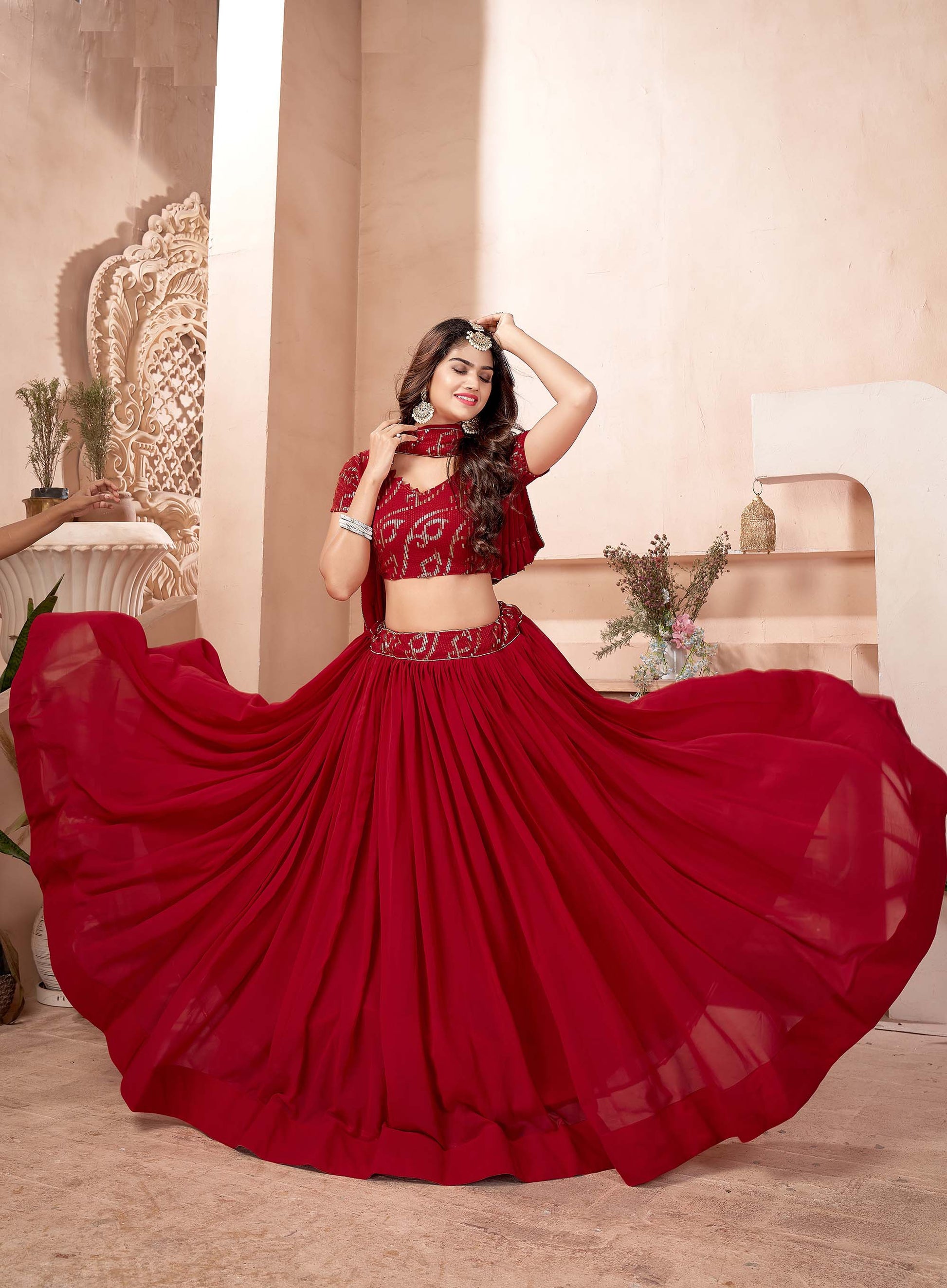 Dark Red Color Georgette Sequins Lehenga for Wedding Guest AH1304