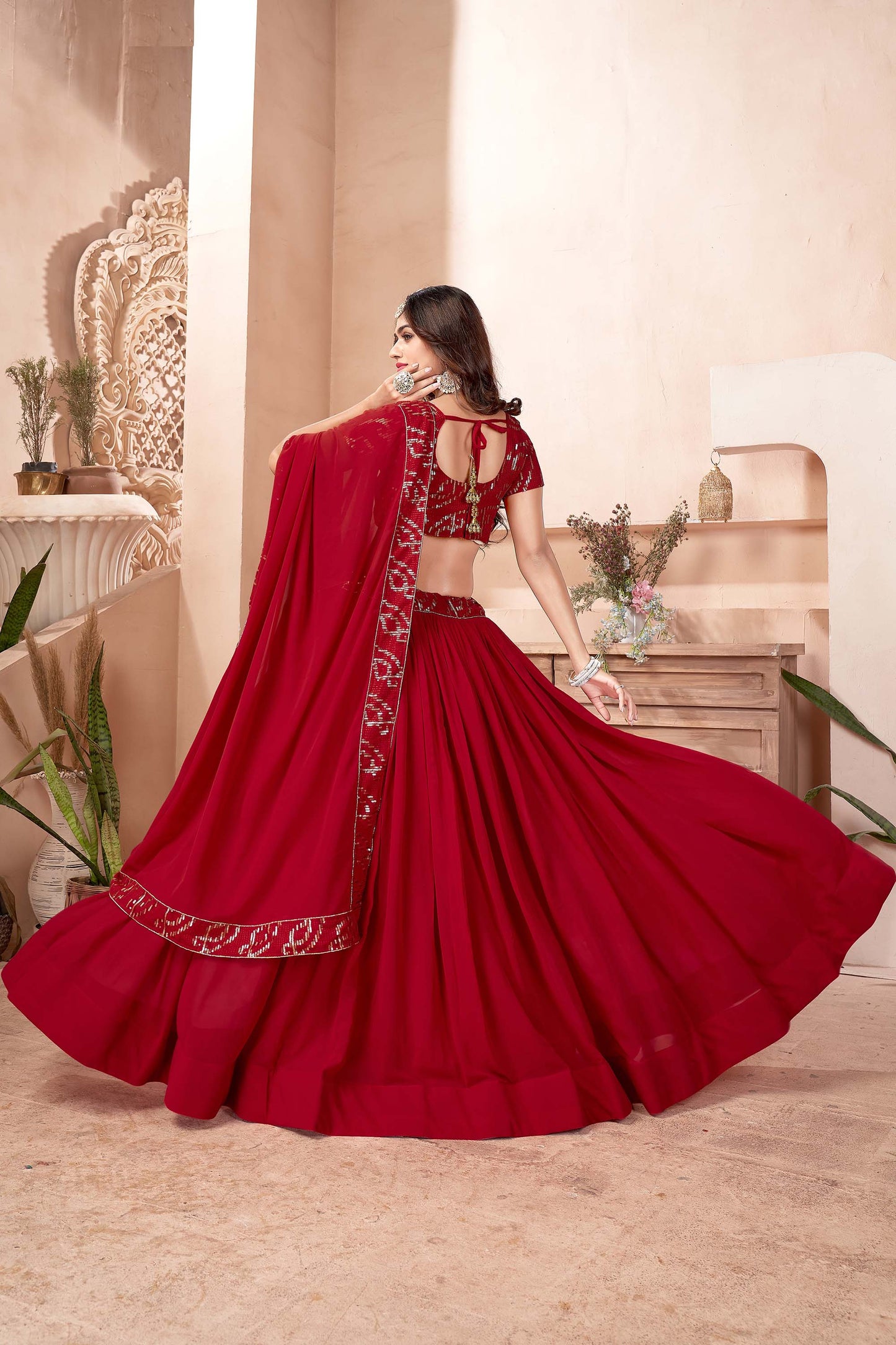 Dark Red Color Georgette Sequins Lehenga for Wedding Guest AH1304