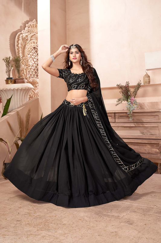 Black Color Faux Georgette Sequins Lehenga