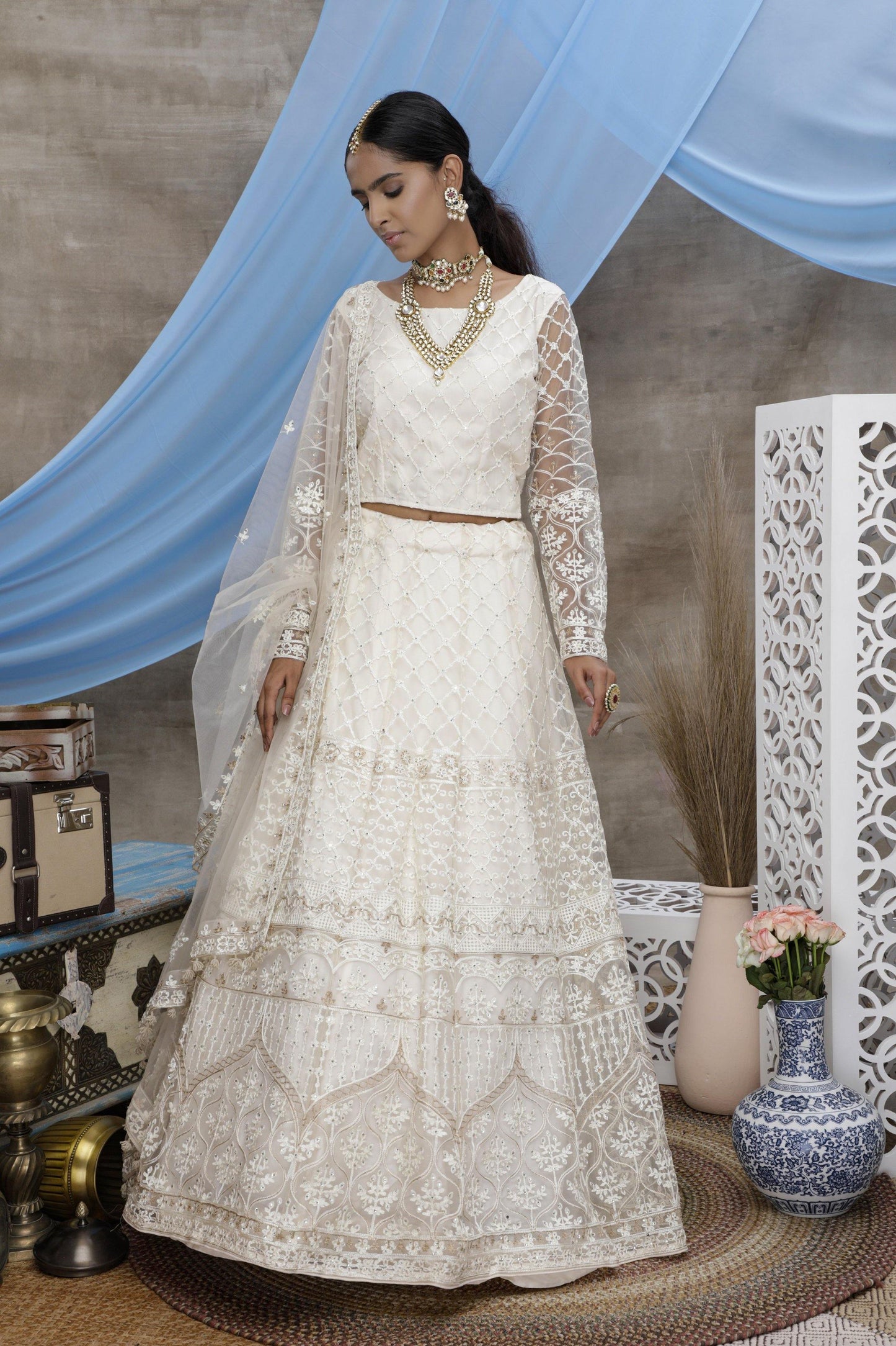 White Embroidered Soft Net Lehenga Choli -    - Glamou  al