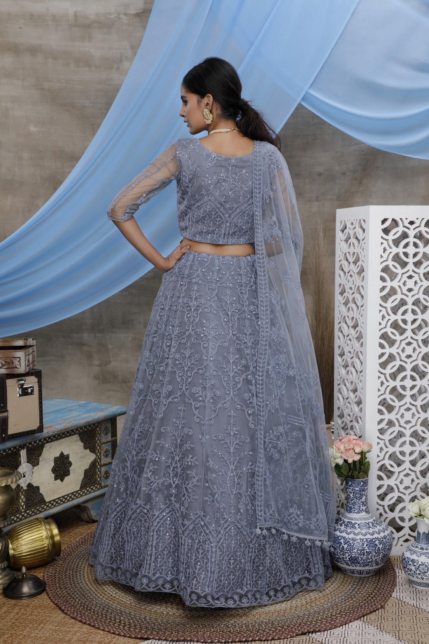 Grey Fully Embroidered Soft Net Lehenga- Glamou  al - Glamou  al