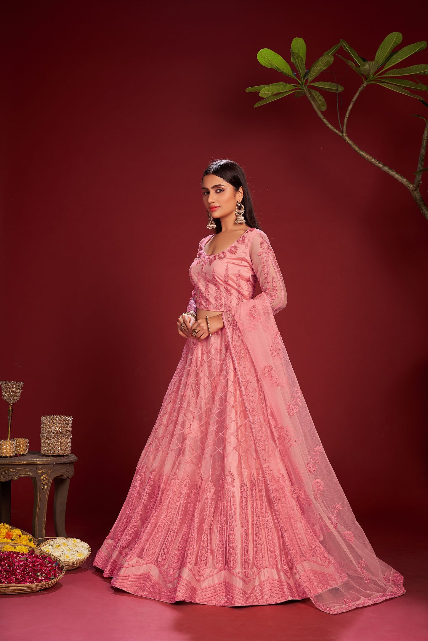 Pink Color Embroidered Net Lehenga