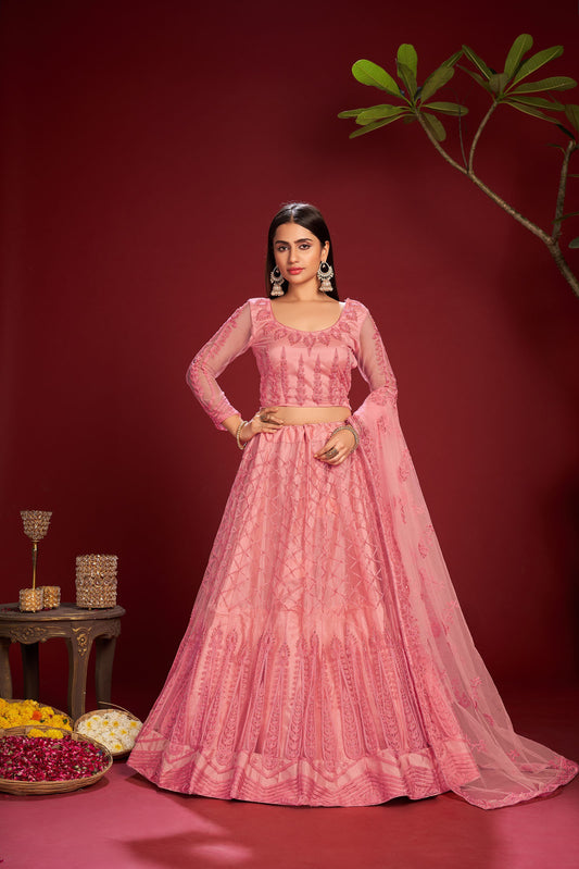 Pink Color Embroidered Net Lehenga