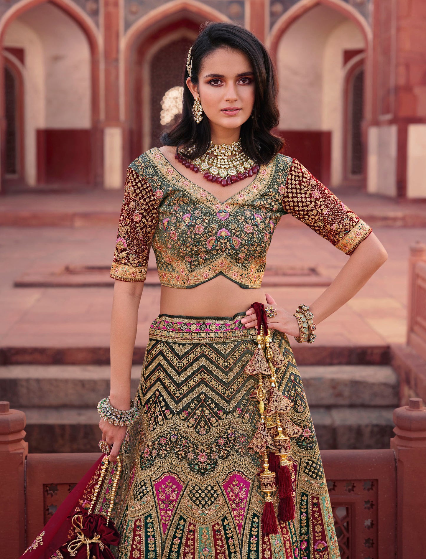 Exclusive Multicolor Grey Velvet Bridal Lehenga