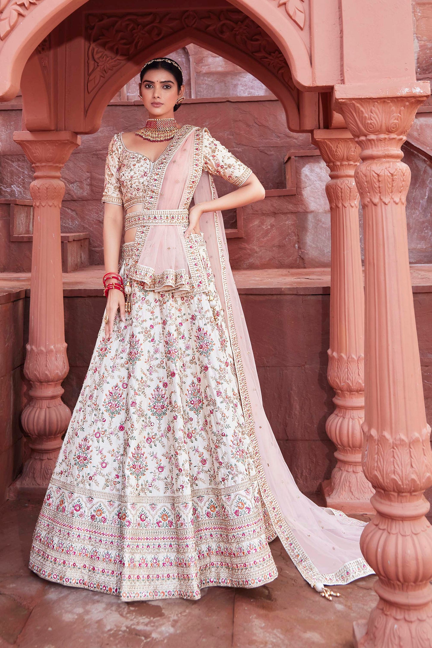 Creamy Pastel Bridal Wear Silk Lehenga Choli