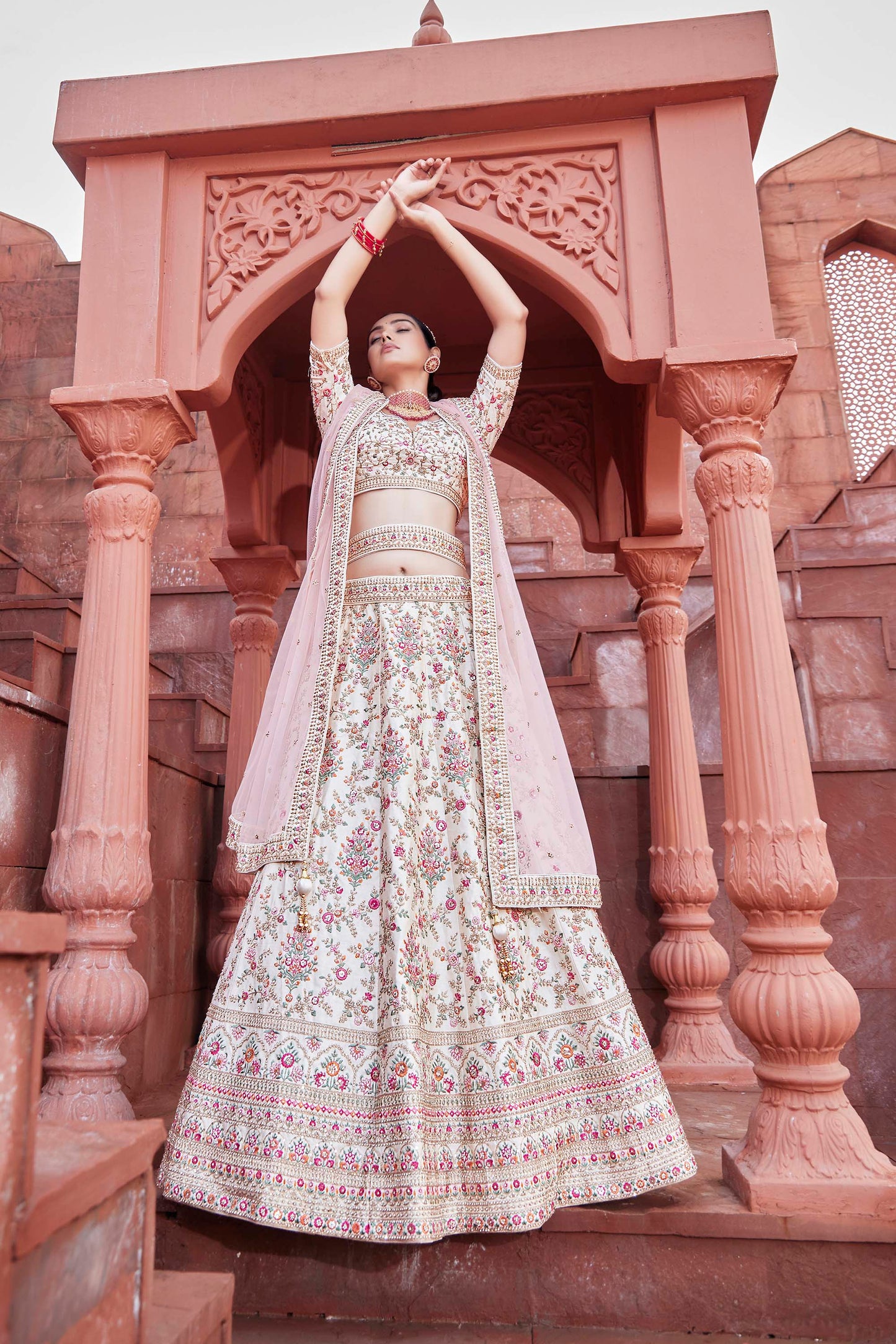 Creamy Pastel Bridal Wear Silk Lehenga Choli