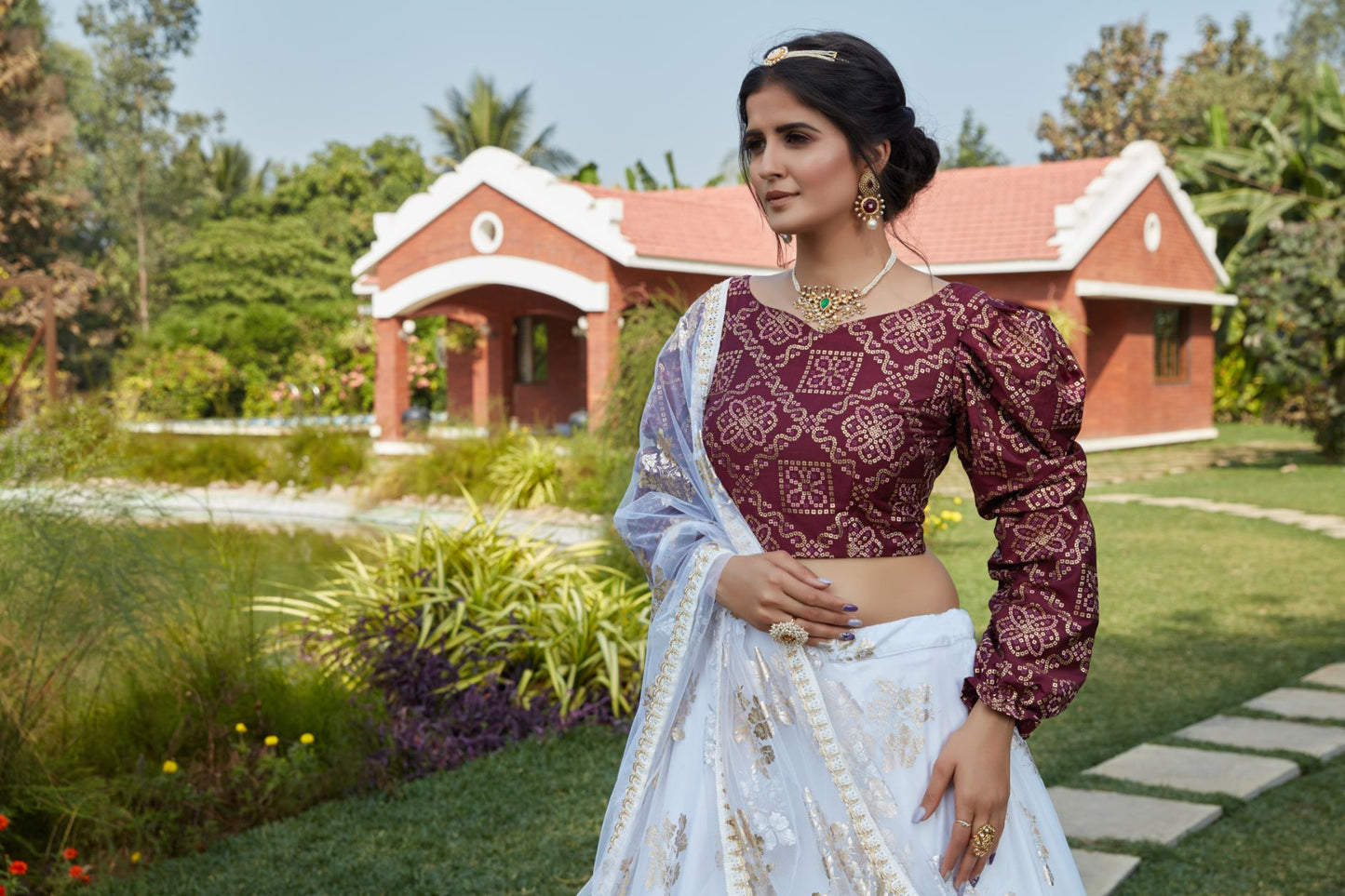 White Floral Foil Printed Puff Sleeved Lehenga Choli