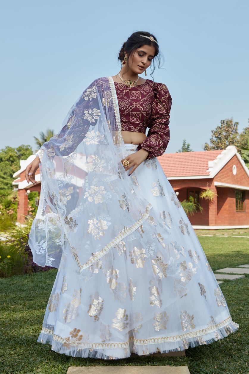 White Floral Foil Printed Puff Sleeved Lehenga Choli