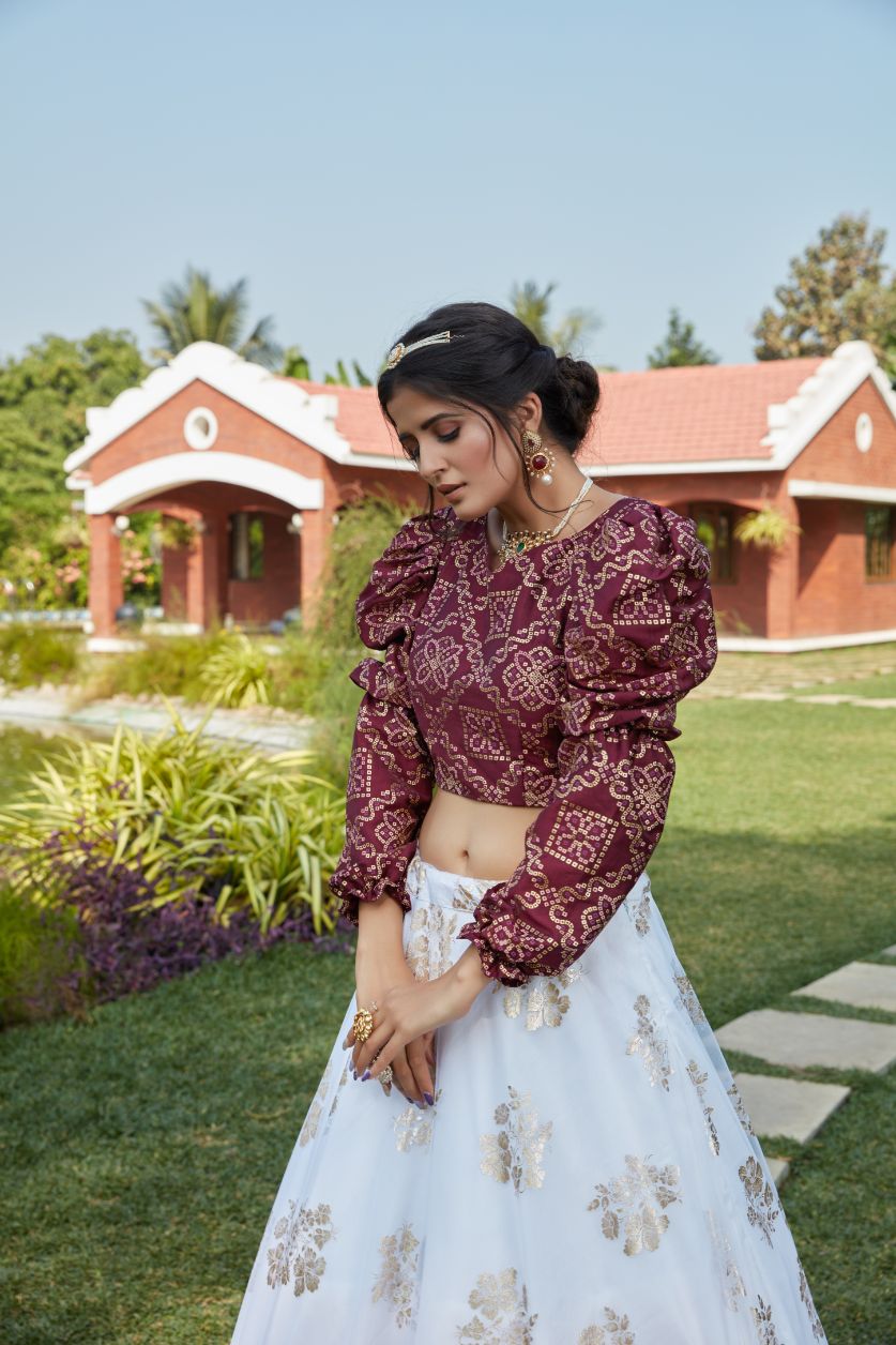 White Floral Foil Printed Puff Sleeved Lehenga Choli