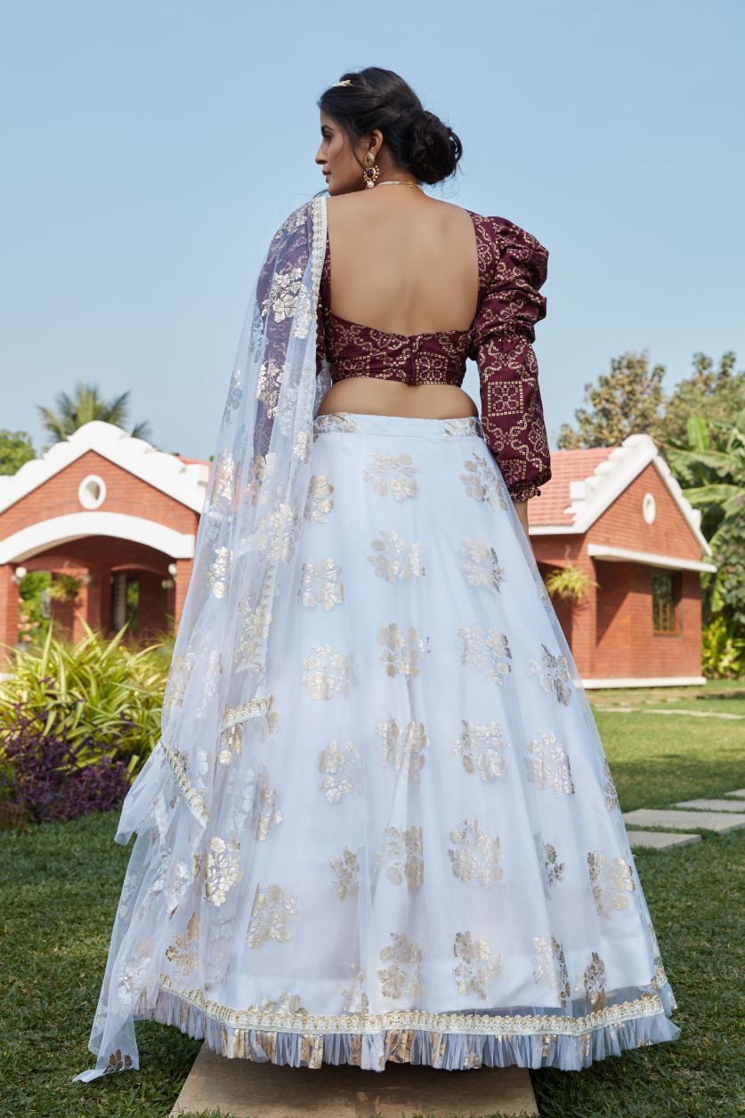 White Floral Foil Printed Puff Sleeved Lehenga Choli