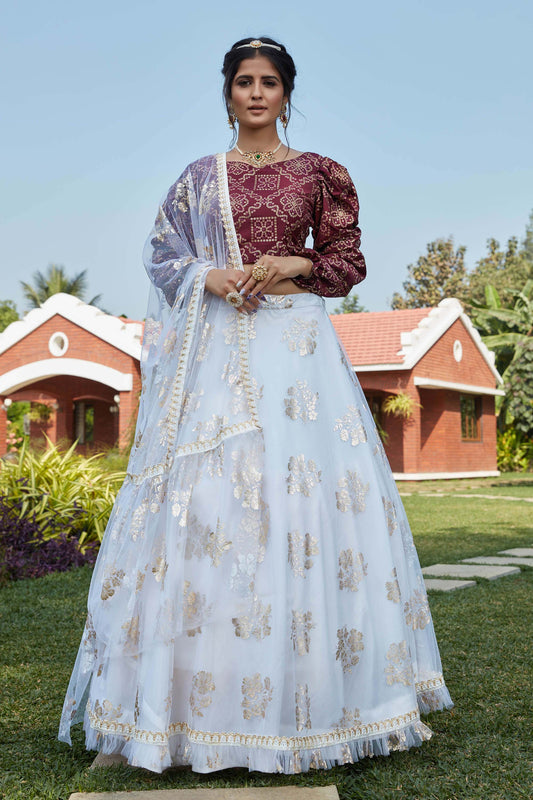 White Floral Foil Printed Puff Sleeved Lehenga Choli