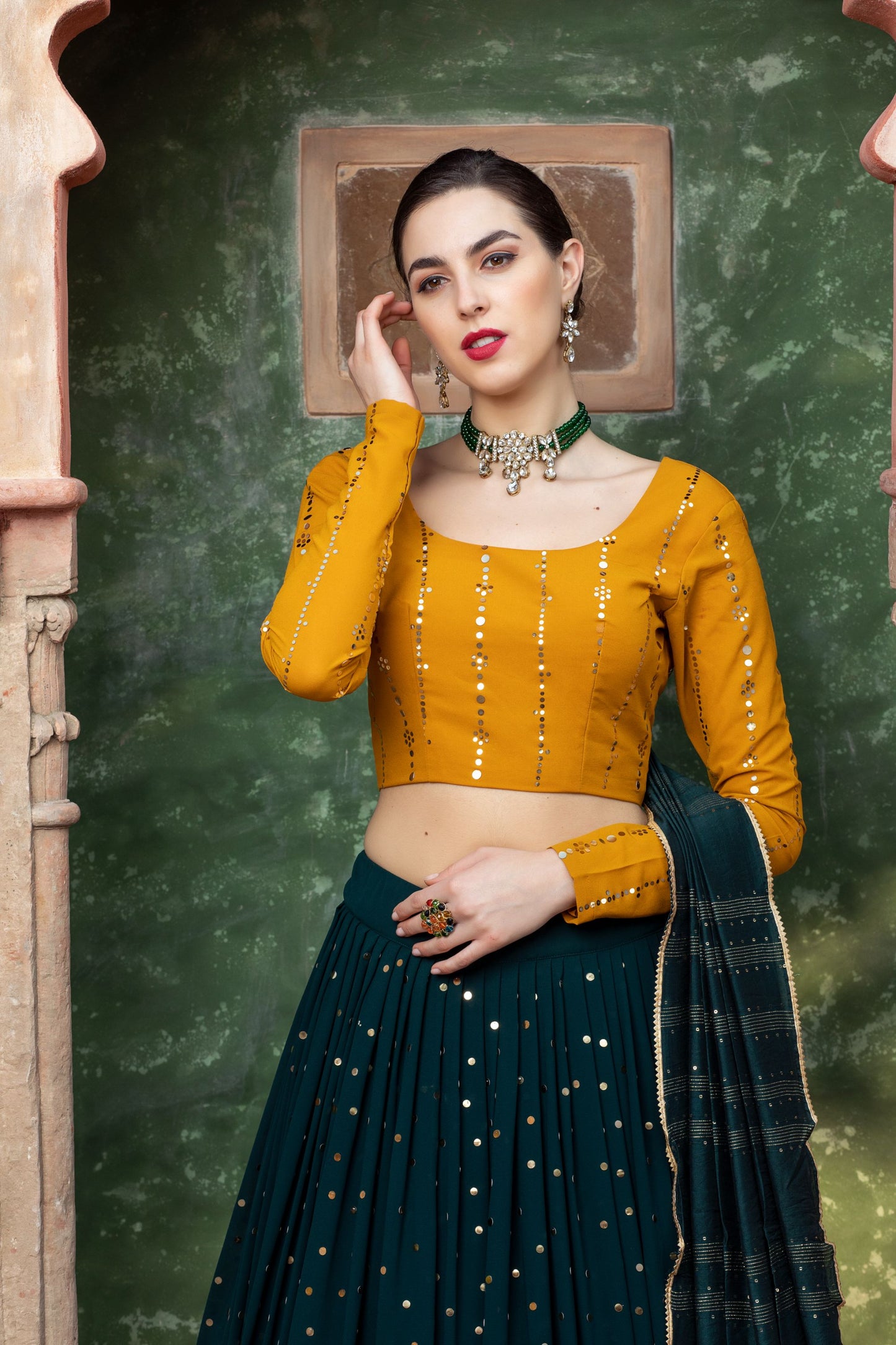 Mustard & Dark Green Color Georgette Lehenga Choli