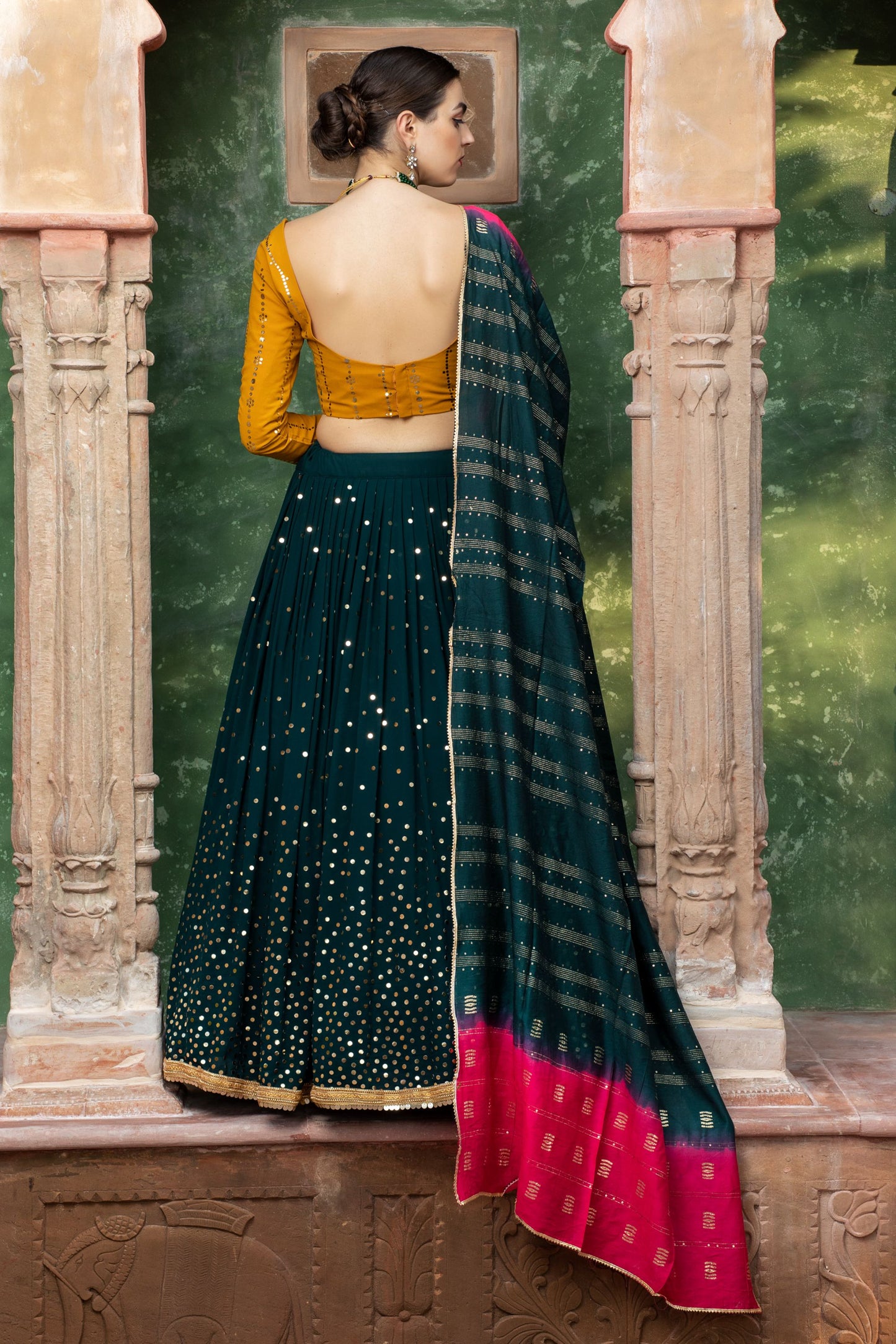 Mustard & Dark Green Color Georgette Lehenga Choli