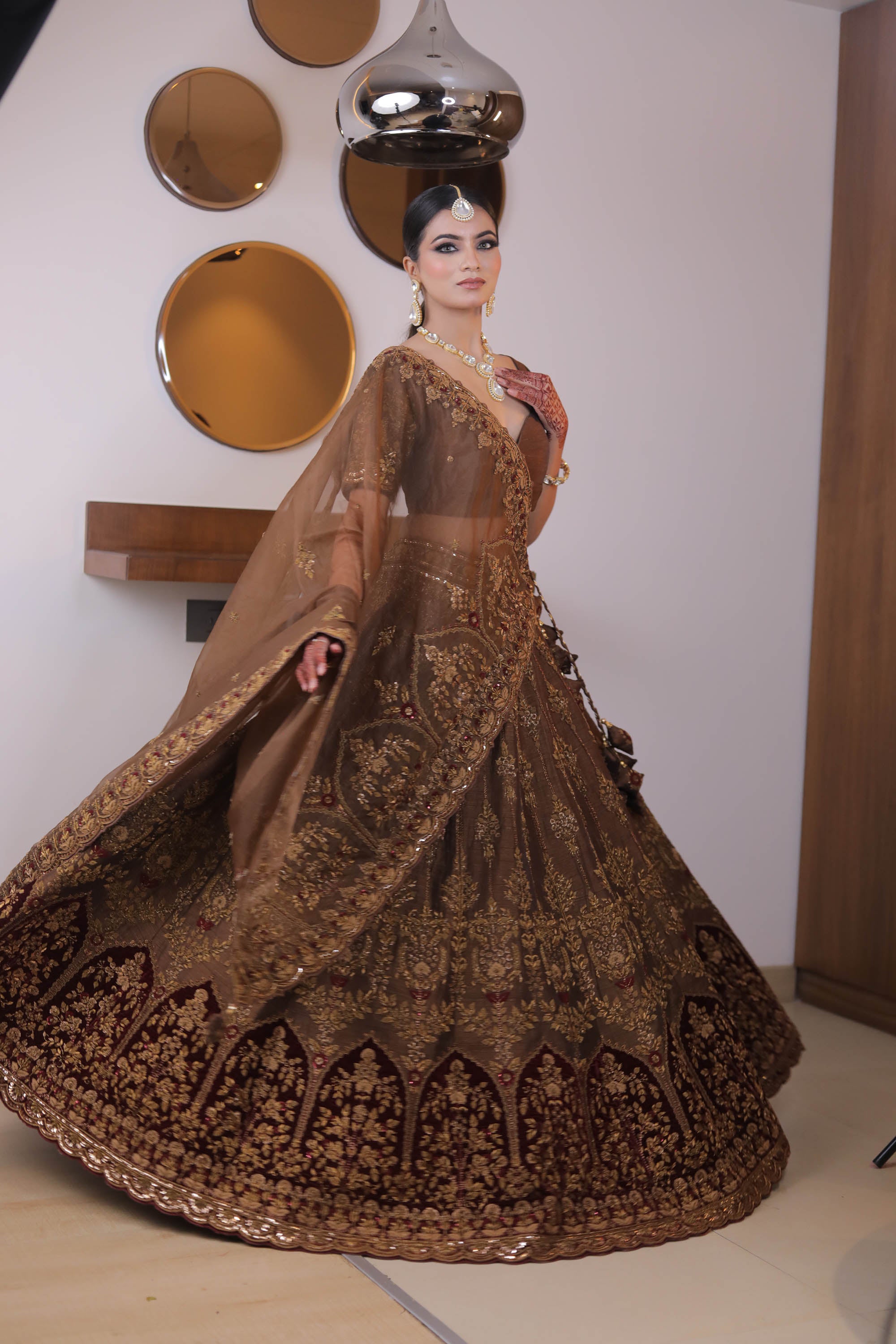 Chocolate Brown Tulle Hand Embroidered Lehenga Skirt, Choli Blouse & D –  Nikita Mhaisalkar