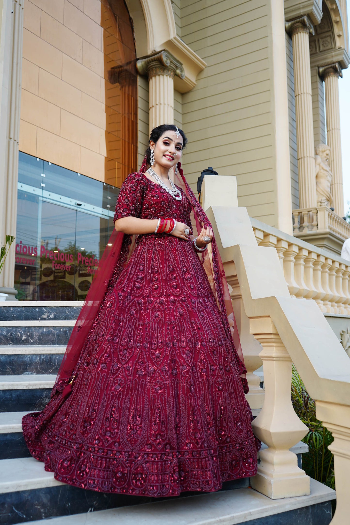 Maroon Designer Net Hand Embroidered Bridal Lehenga