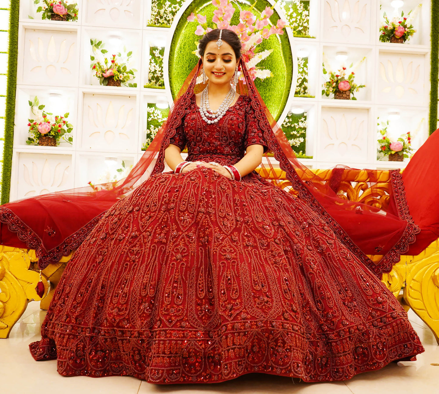 Maroon Designer Net Hand Embroidered Bridal Lehenga