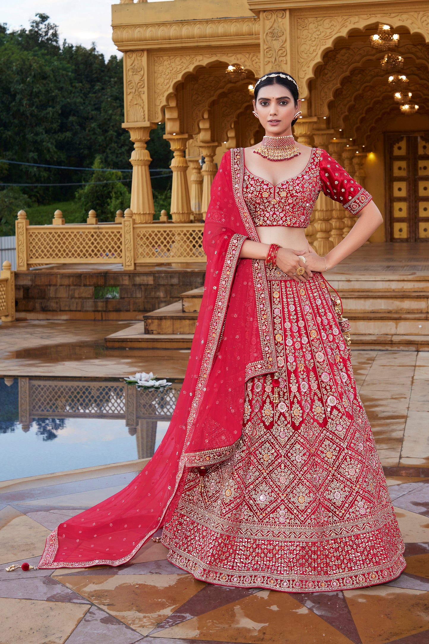 Dazzling & Scarlet Red Silk Bridal Lehenga