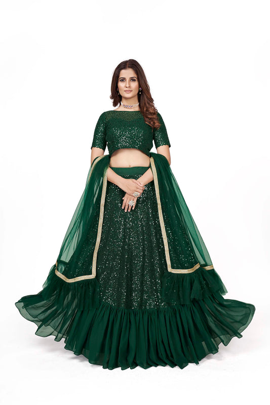 Dark Green Georgette Sequins Lehenga for Mehendi AH1701