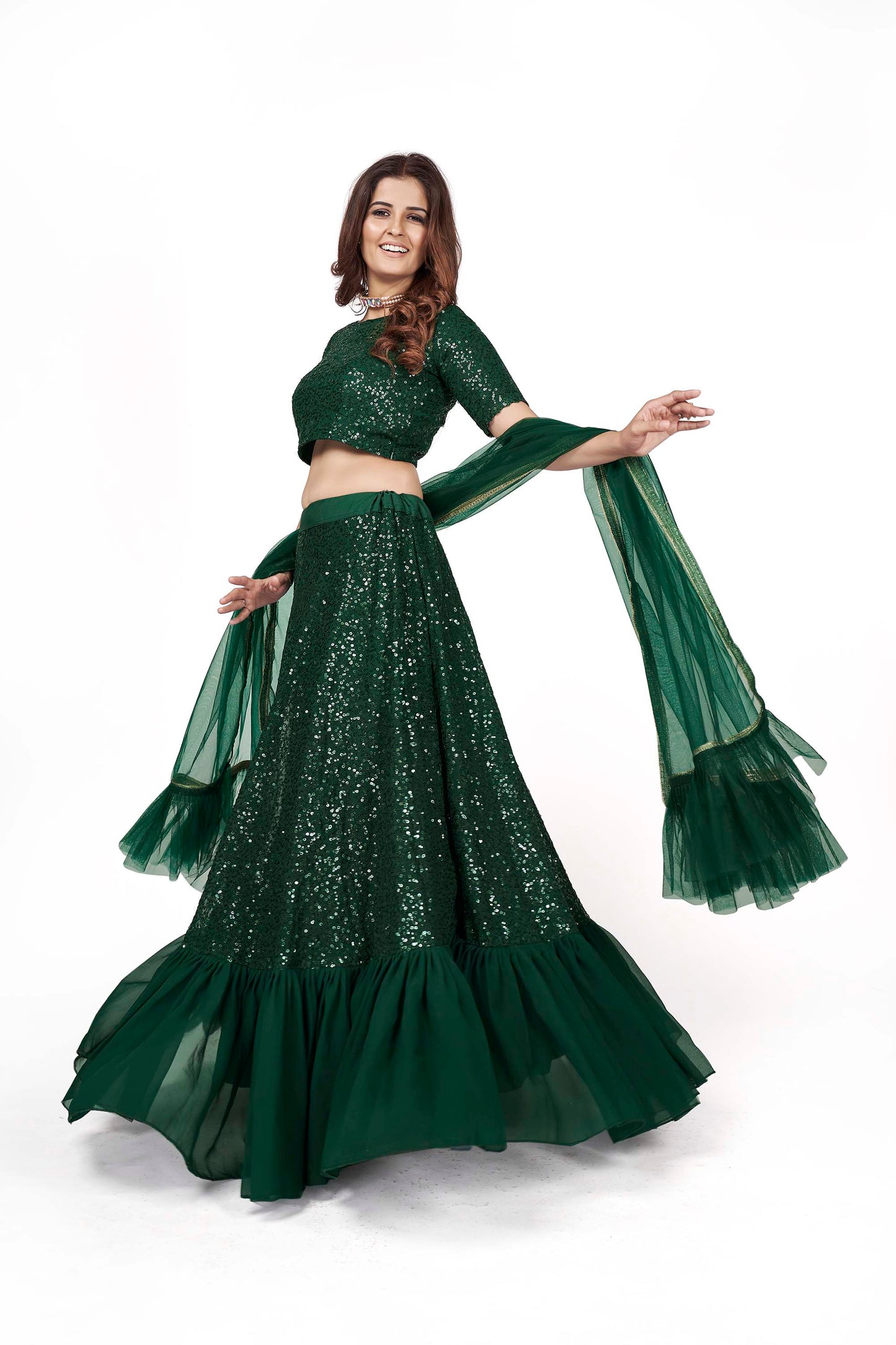 Dark Green Georgette Sequins Lehenga for Mehendi AH1701