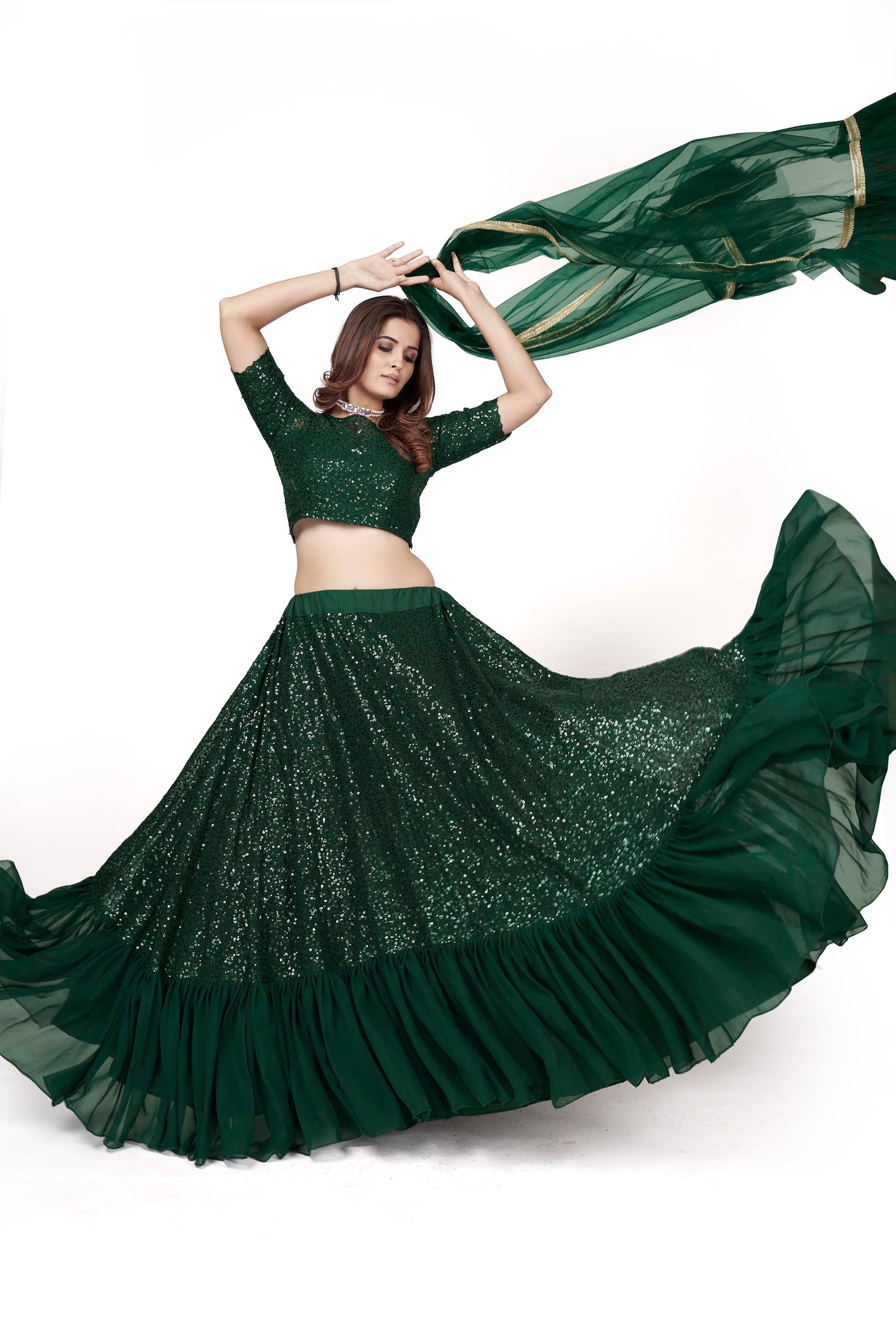 Dark Green Georgette Sequins Lehenga for Mehendi AH1701