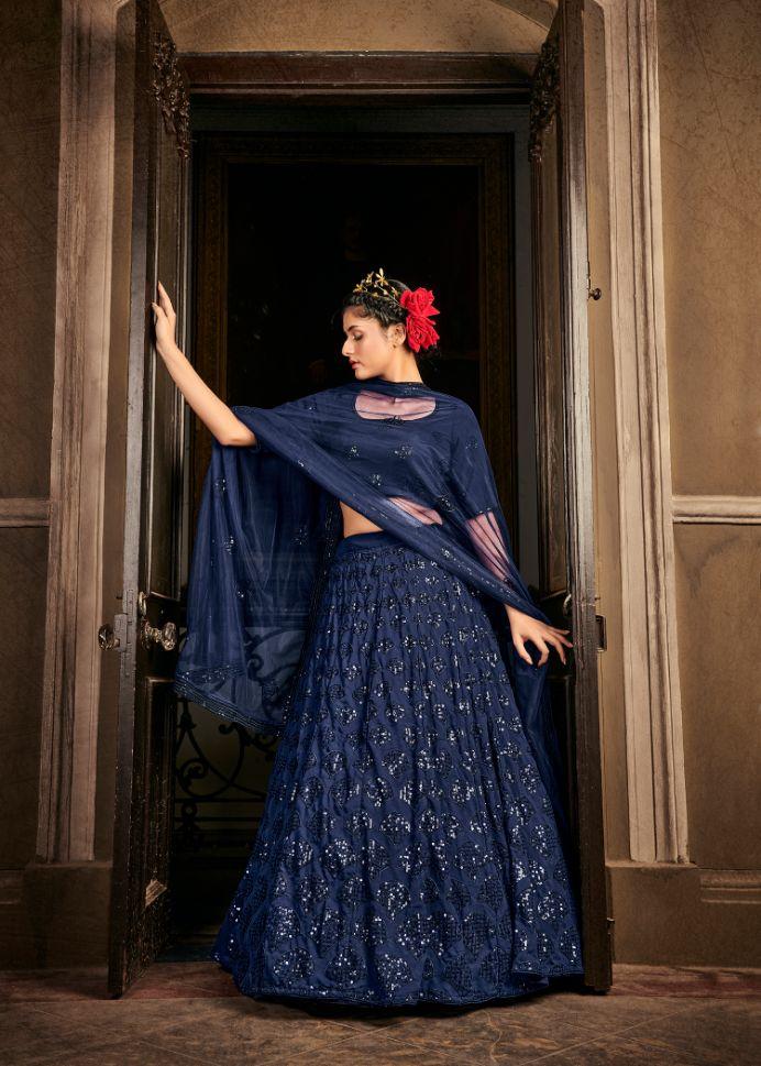 Navy Blue Georgette Sequence Embroidered Lehenga