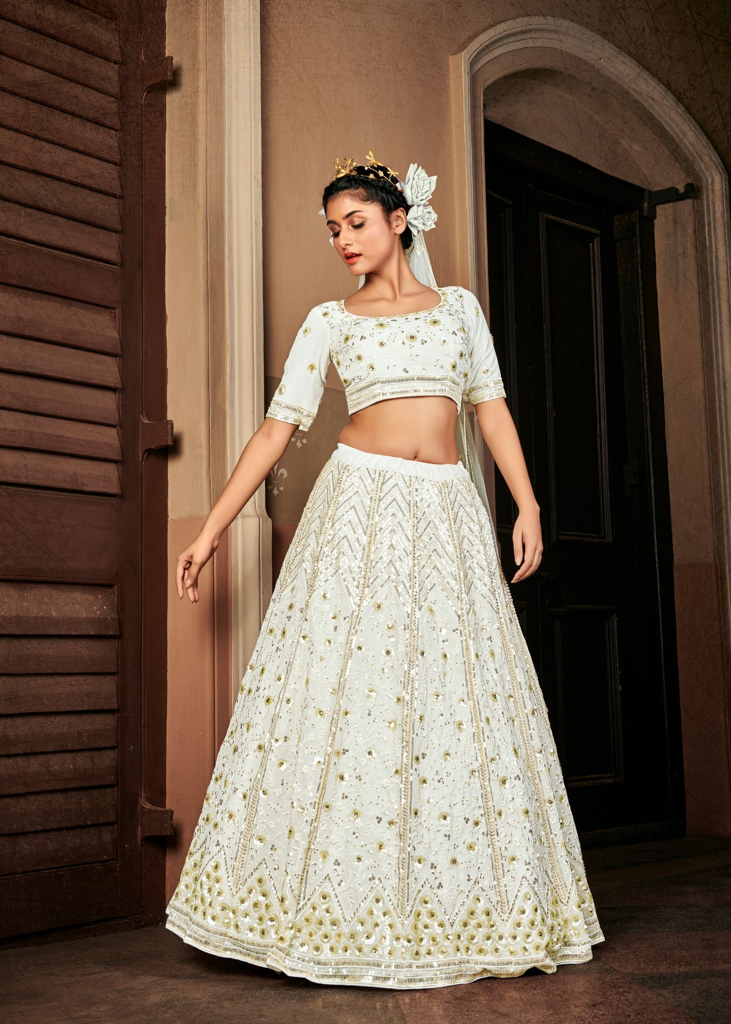 Pearl White Georgette Bridesmaid Lehenga Set 1715a