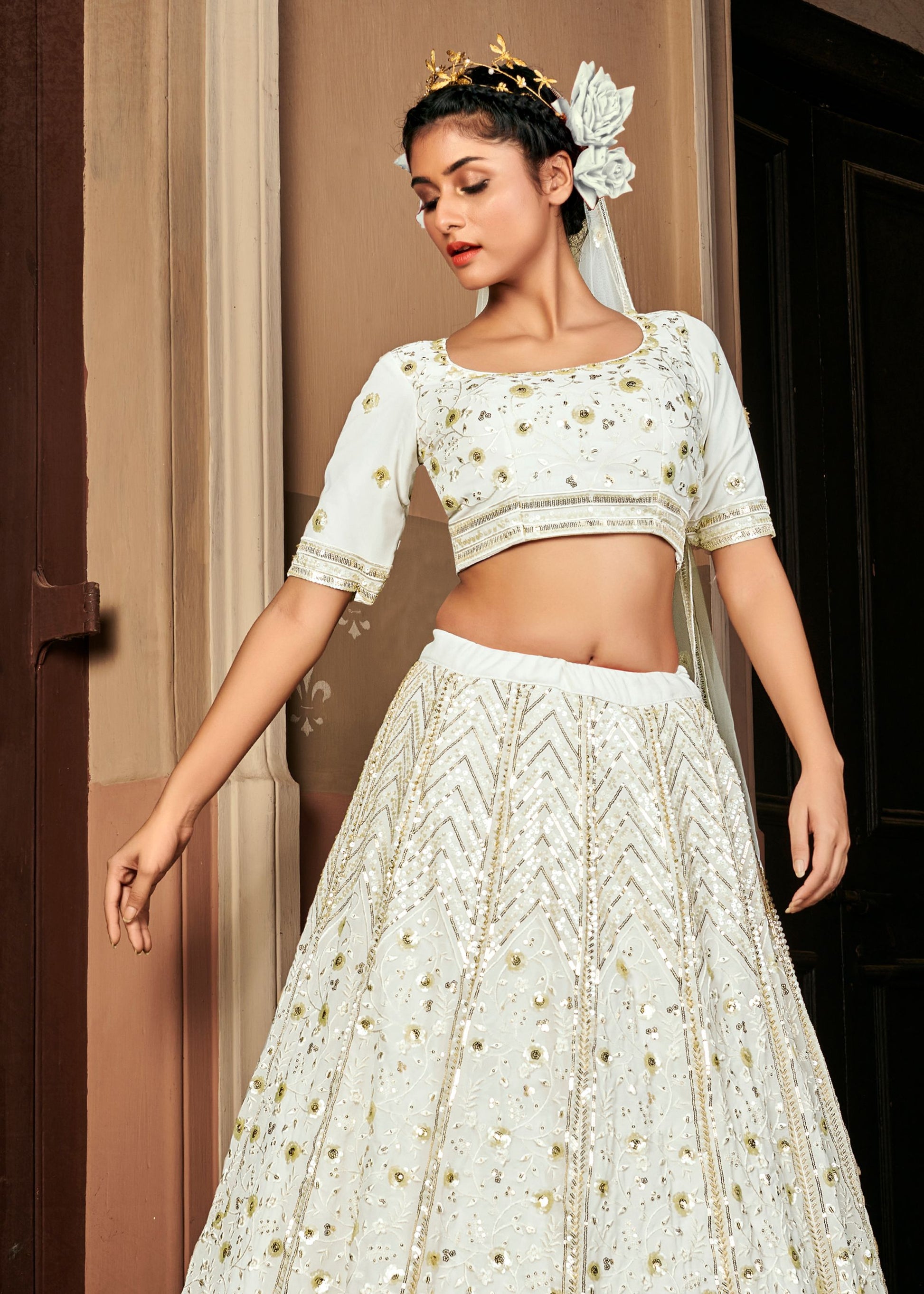 Pearl White Georgette Bridesmaid Lehenga Set 1715a